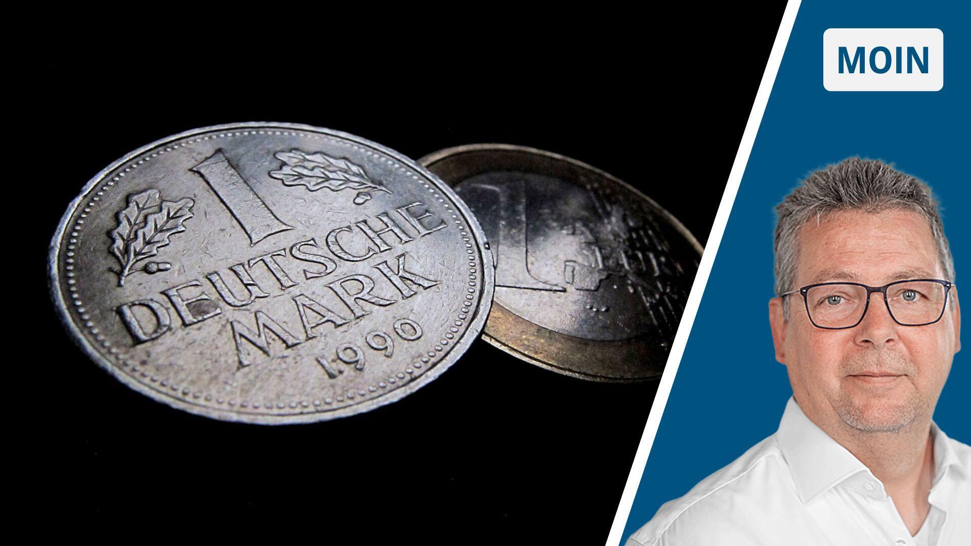 Ein 1-DM-Geldstück und ein-1-Euro-Geldstück