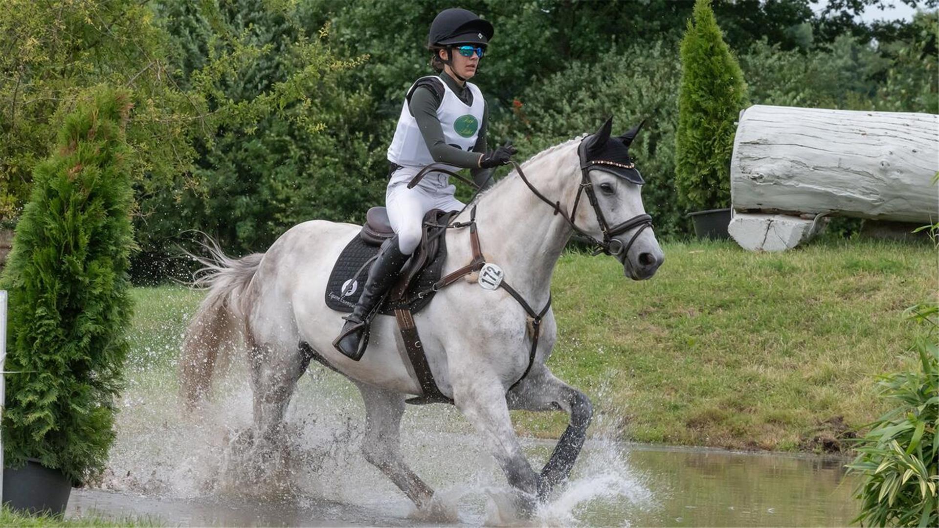 Eine Person auf einem weißen Pferd läuft durch Wasser.
