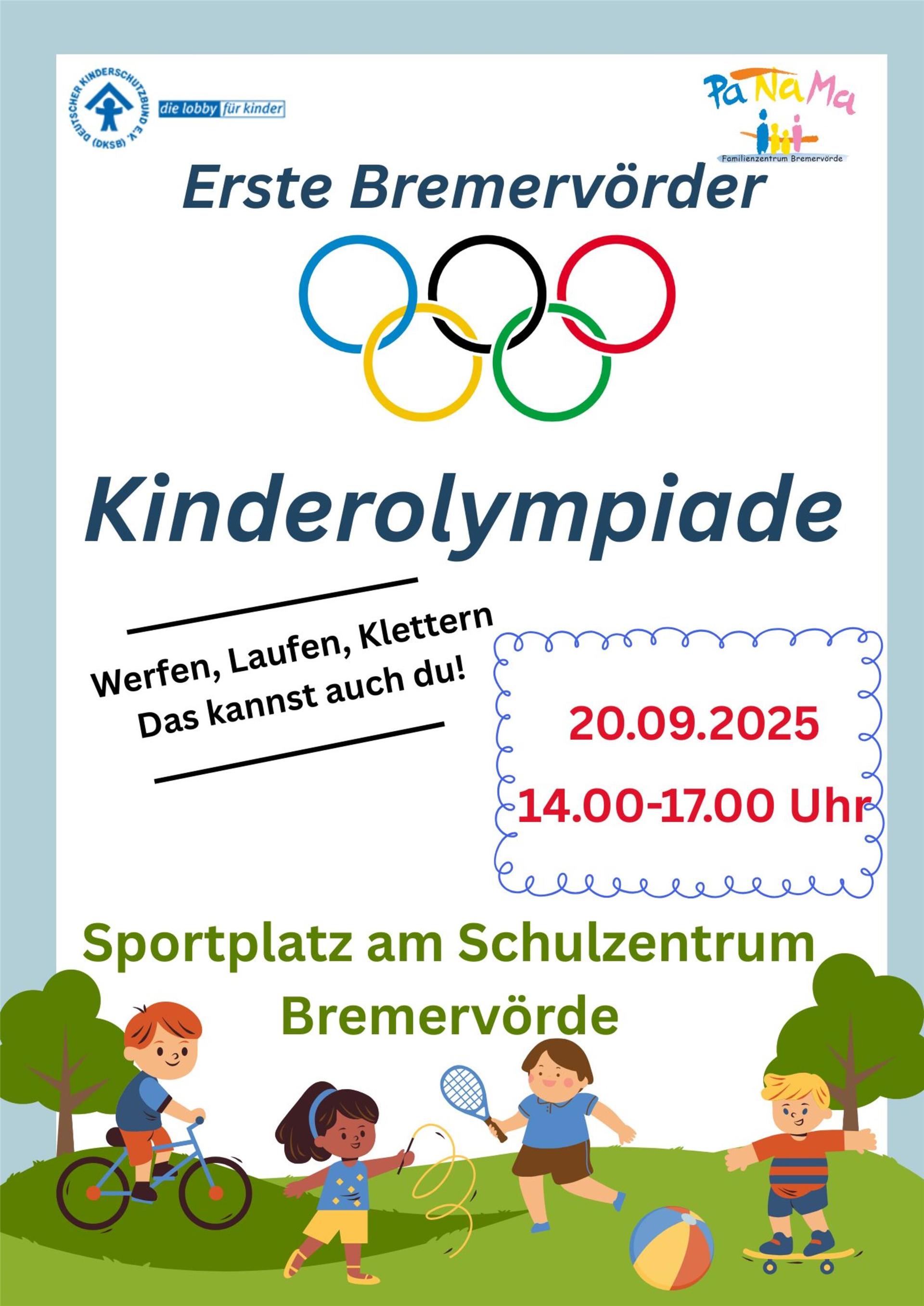 Am Sonnabend, 20. September, veranstalten der örtliche Kinderschutzbund und das PaNaMa-Familienzentrum auf dem Sportplatz am Schulzentrum Bremervörde eine ganz besondere Kinderolympiade. 