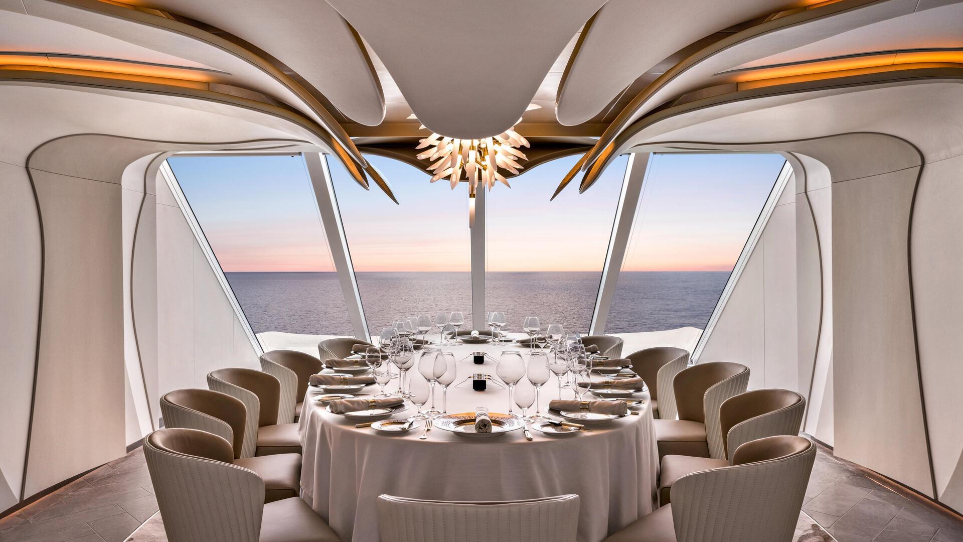 Meeresgiganten: Diese neuen Kreuzfahrtschiffe starten 2025 Ambiente statt Action: Der Fokus bei Oceania Cruises liegt auf Kulinarik und Luxus. Das Bild zeigt den Privee-Bereich auf der „Vista“, dem Schwesterschiff der „Allura“ - ein Dinner-Séparée, das Gäste extra buchen können.
