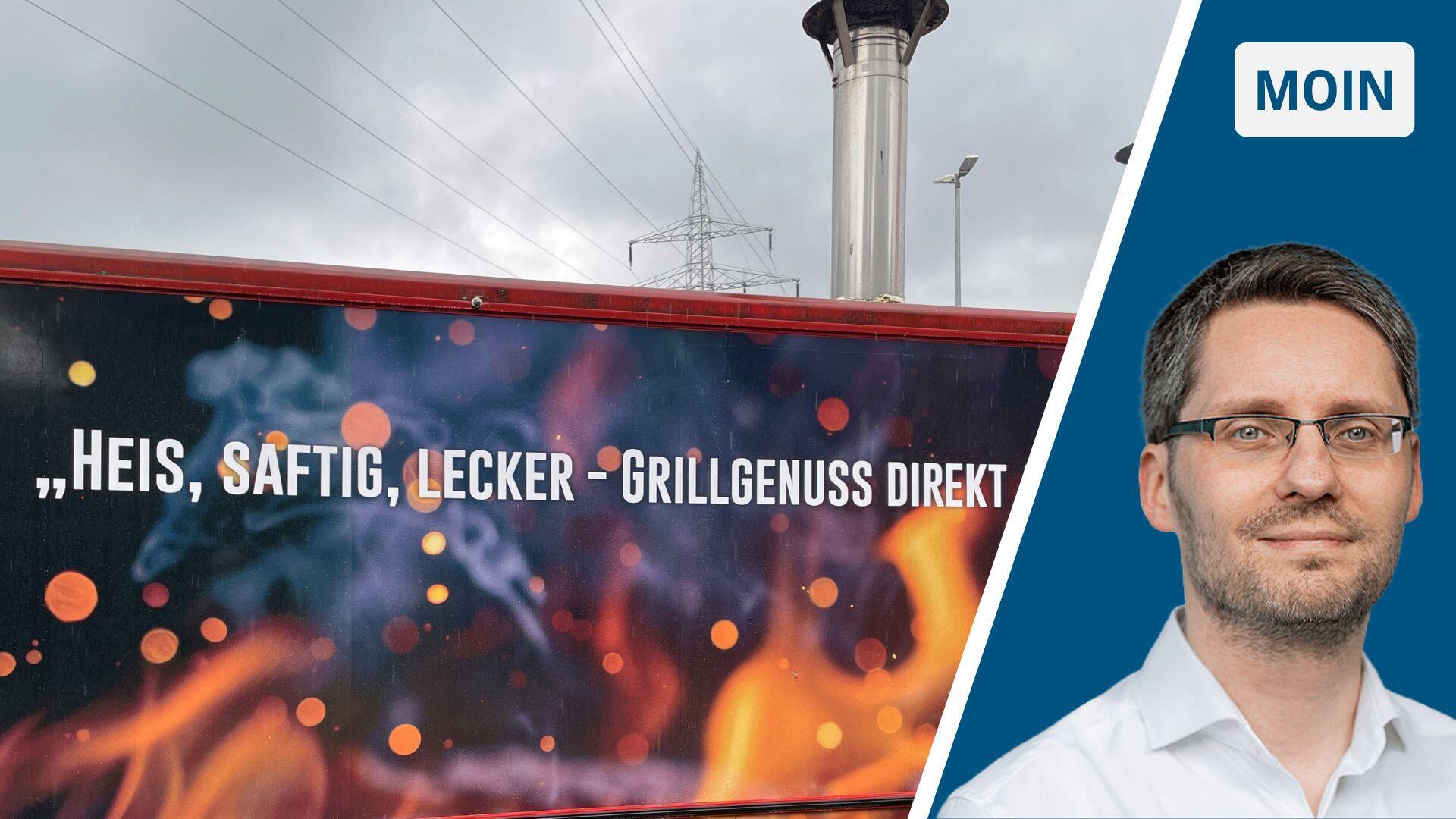 Eine Grillbude, auf der geschrieben steht: "Heis, saftig, lecker - Grillgenuss direkt". Im Bild nicht zu sehen ist, dass der Satz noch weitergeht. Da heißt es: "Auf die Hand". Der Wagen hat ein Flammen-Design.