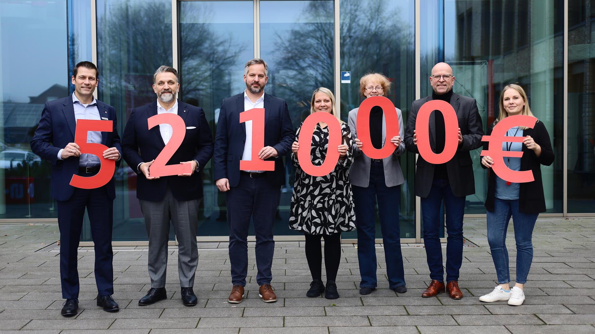 Auch im Jahr 2024 hat die Sparkasse Rotenburg Osterholz wieder eine beachtliche Fördersumme erzielt. Darüber freuenj sich die beiden Vorstände Thorben Prenntzell (von links) und Marko Putaro, Dr. Ulf Martens (Geschäftsführer der Jugendstiftung der Kreissparkasse Osterholz) sowie Melanie Müller, Ellen Bade, Marco Witz und Tina Jörns (Kommunikation).