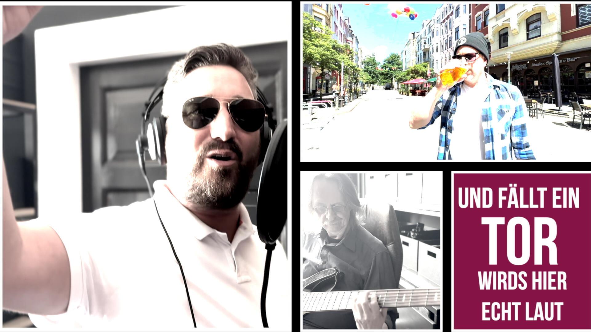Auf Facebook, Instagram und TikTok sind bereits Ausschnitte aus dem Musikvideo zu sehen. Hier ein Screenshot aus „Acht Grad Ost“ mit Fischtown-Pinguins-Stadionsprecher Felix Behnert (links). Einen stummen Auftritt hat Holger Klinge (rechts oben), von dem der Songtext stammt.
