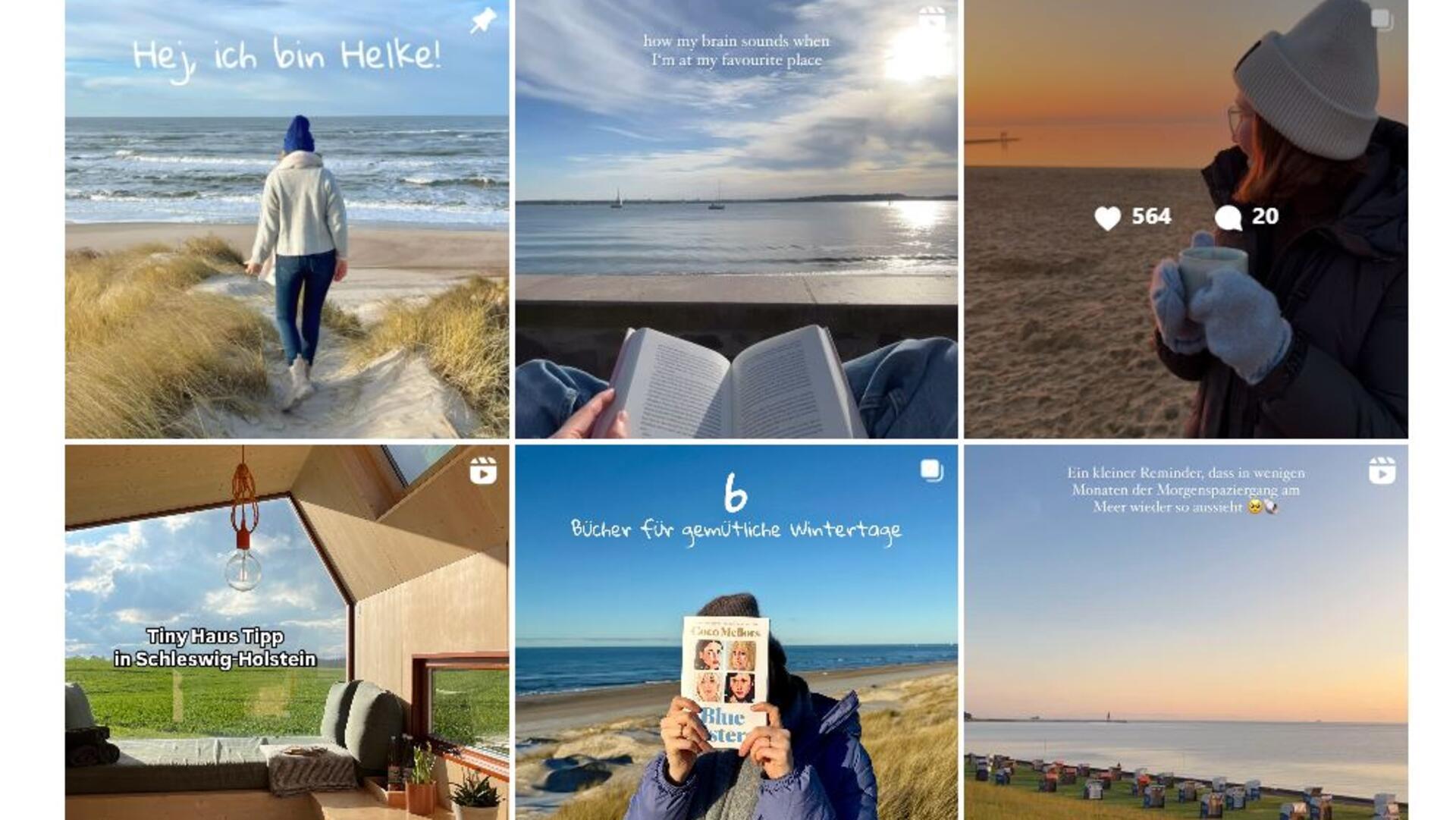 Screenshot des Insta-Feeds von Helke Gutsche mit sechs verschiedenen Bildern auf denen Sonnenuntergänge, Natur und die Protagonistin zu sehen sind.