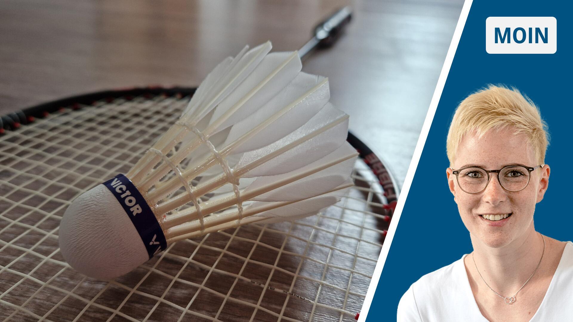 Ein Badminton-Federball auf einem Badminton-Schläger. 