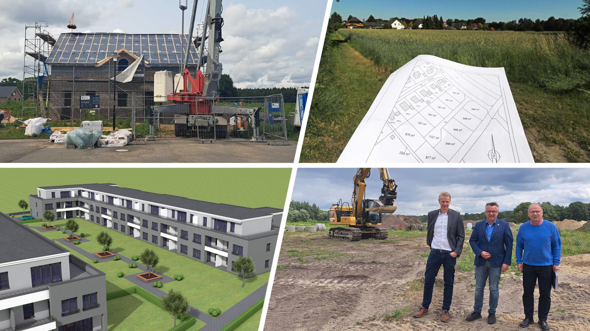 Bauaktivitäten in Hagen: Neubau an der Wassergarde 2, Pläne für das Baugebiet Friedhofsstraße in Uhtlede, Illustration von Wohnungen am Amtsdamm, Vorstellung des Baugebietes an der Wassergarde 2 mit Bürgermeister Andreas Wittenberg (parteilos/mitte) sowie Ralf Twarloh (l.) und Carl Gerken von Bauen im Cuxland.