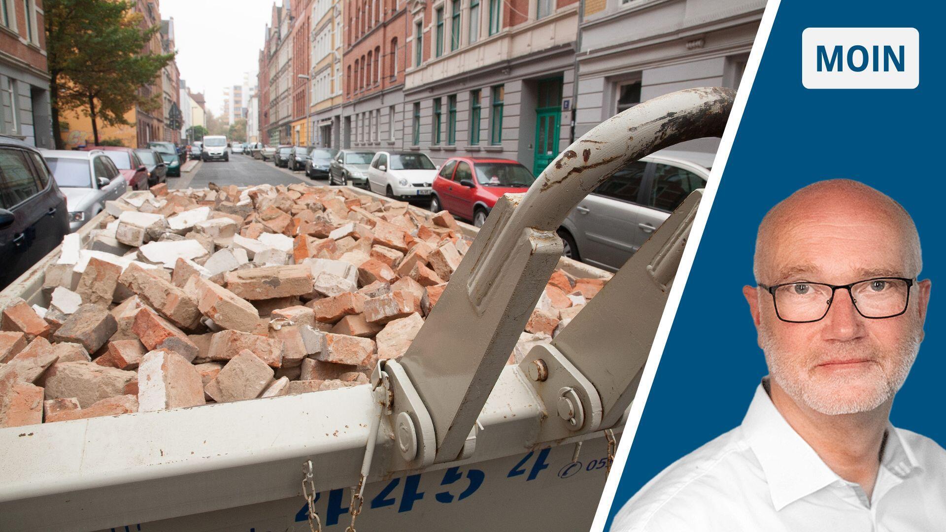 Gespaltenes Bild mit Bauschuttcontainer und Reporter Klaus Mündelein. 