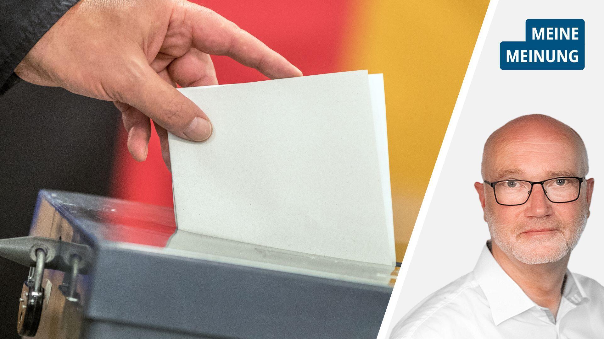 Porträt neben einem Foto mit einer Wahlurne.
