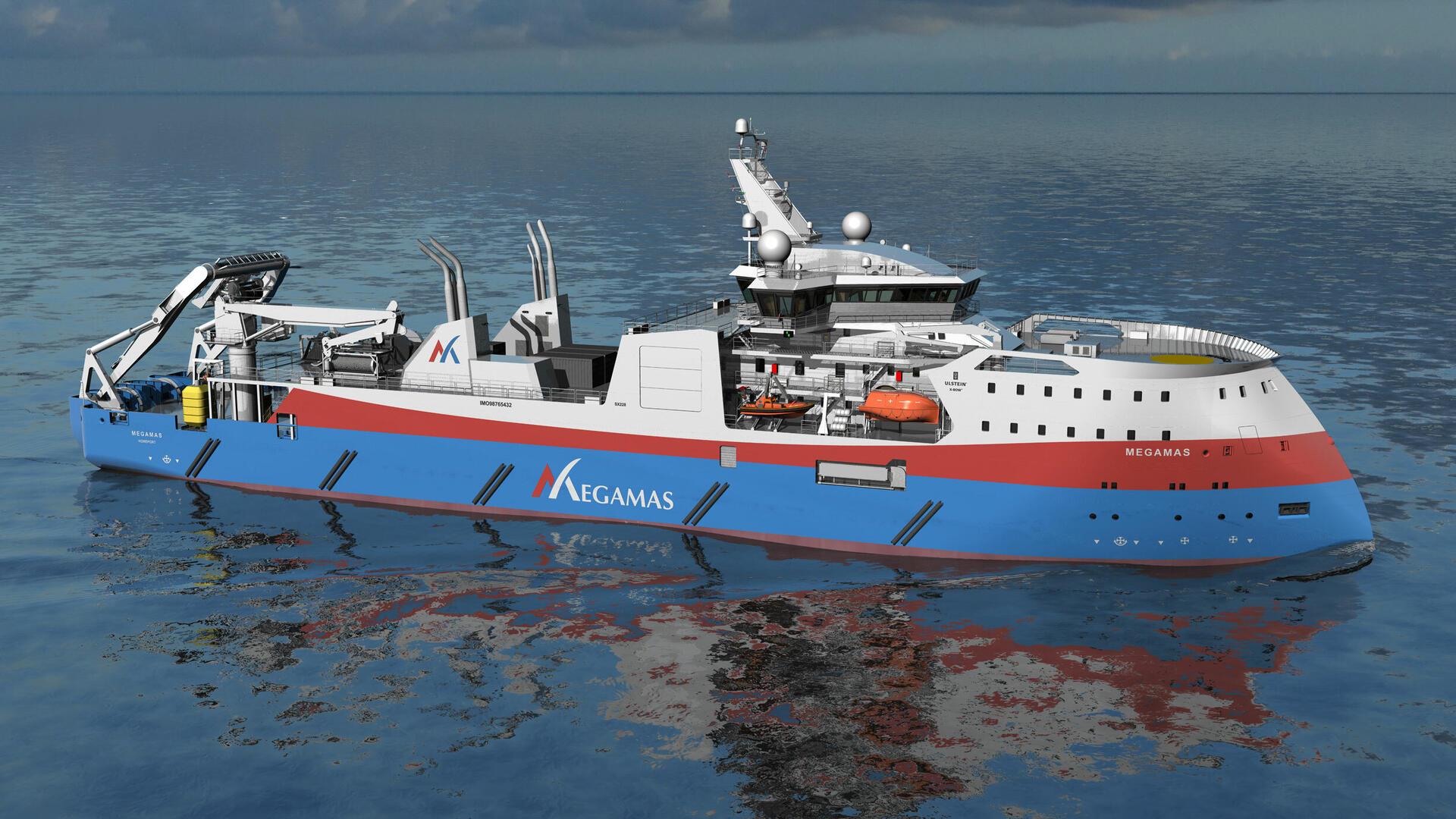 Illustration eines Megamas-Neubaus. ein modernes Glasfaserschiff. Bei der internationalen Fachmesse Nor-Shipping in Norwegen wurde ein Vertrag unterzeichnet, der der Lloyd Werft Bremerhaven den Weg zum möglichen Bau eines modernen Kabelverlegeschiffs ebnet.