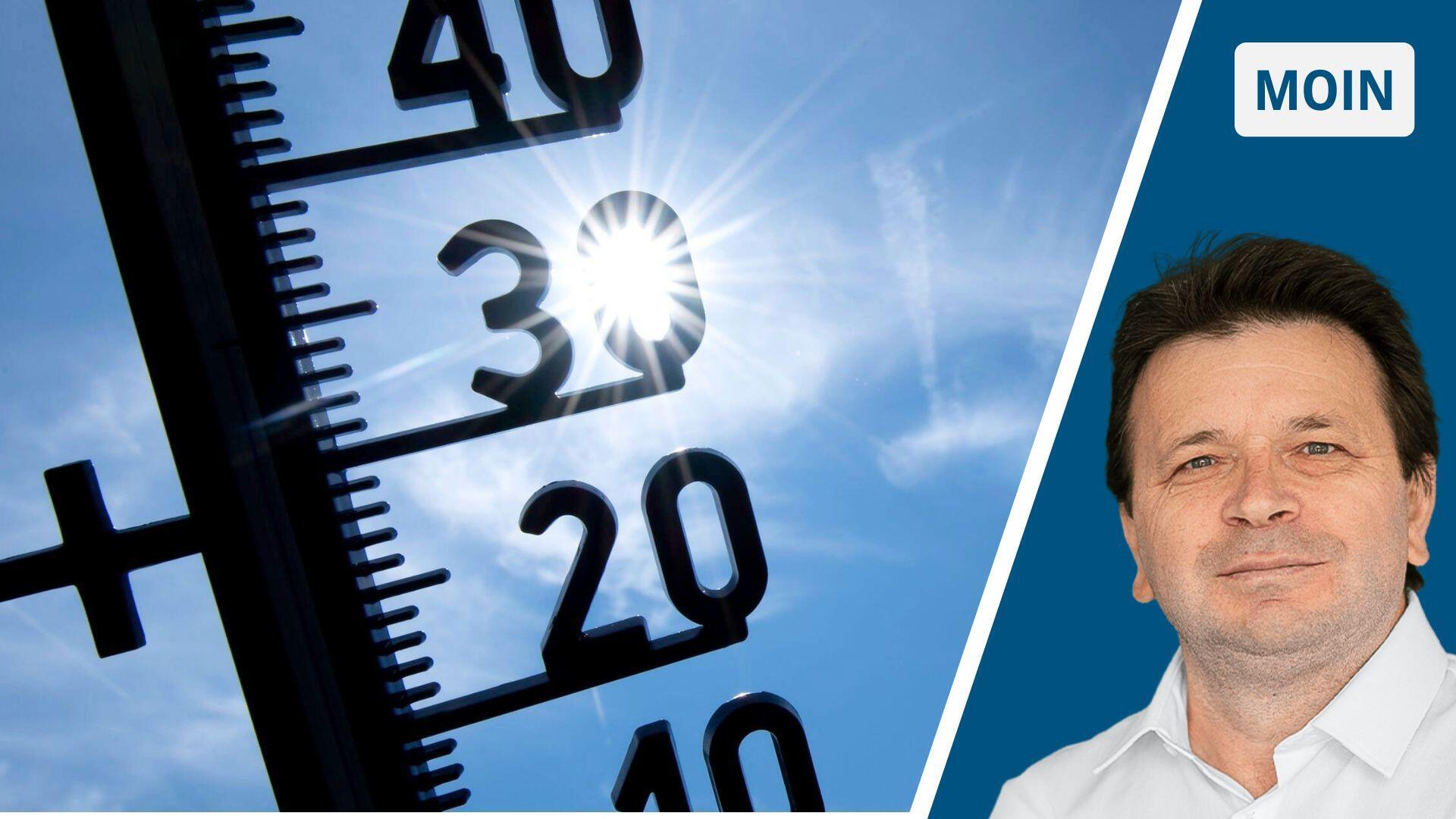 Links: Thermometer mit der Sonne im Hintergrund, rechts NZ-Reporter Ismail Kul. 