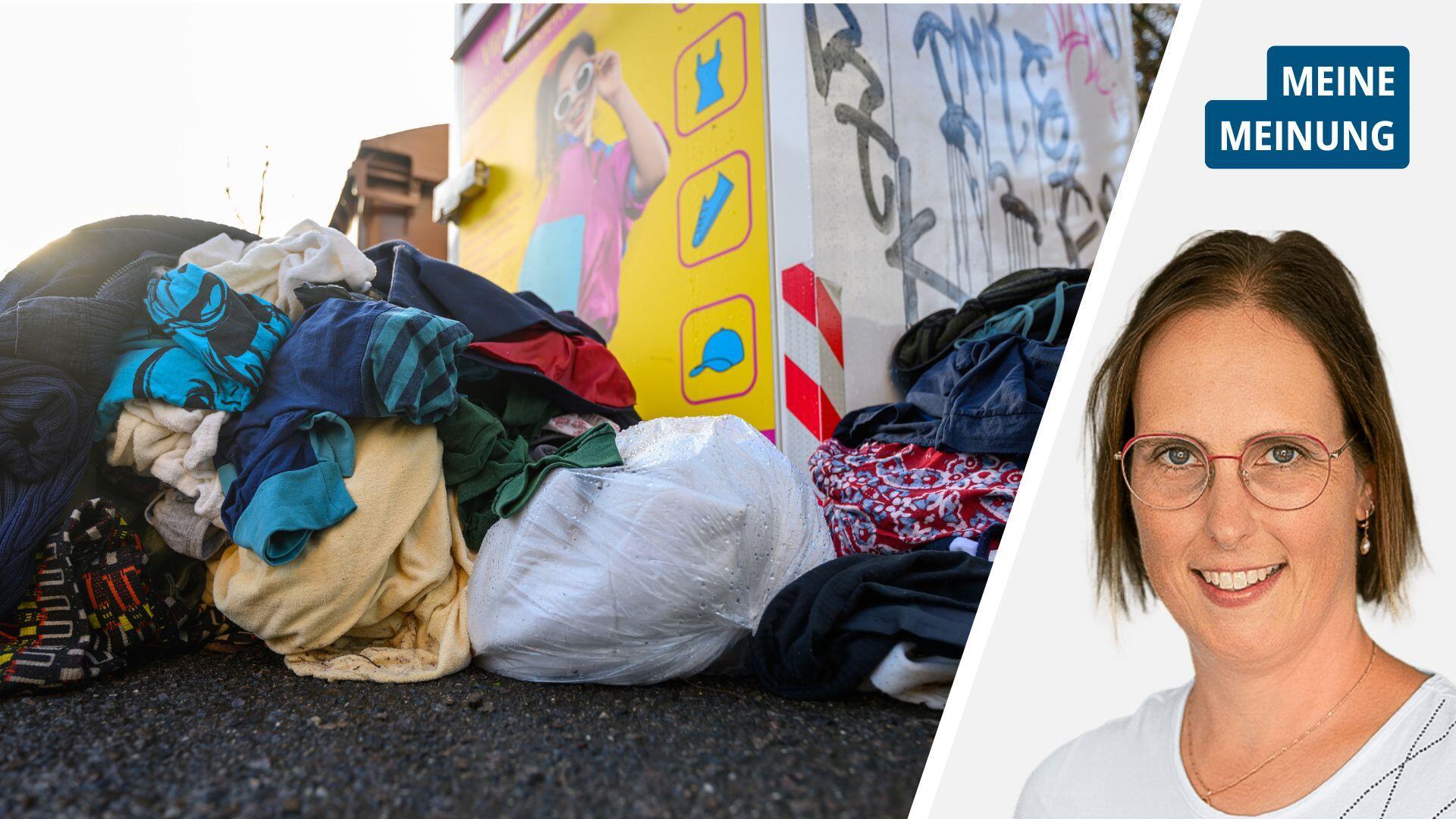 Altkleidersäcke, aus denen offen die Kleidung quillt, liegen vor einem vollen Altkleidercontainer, daneben ein Porträt der Autorin.