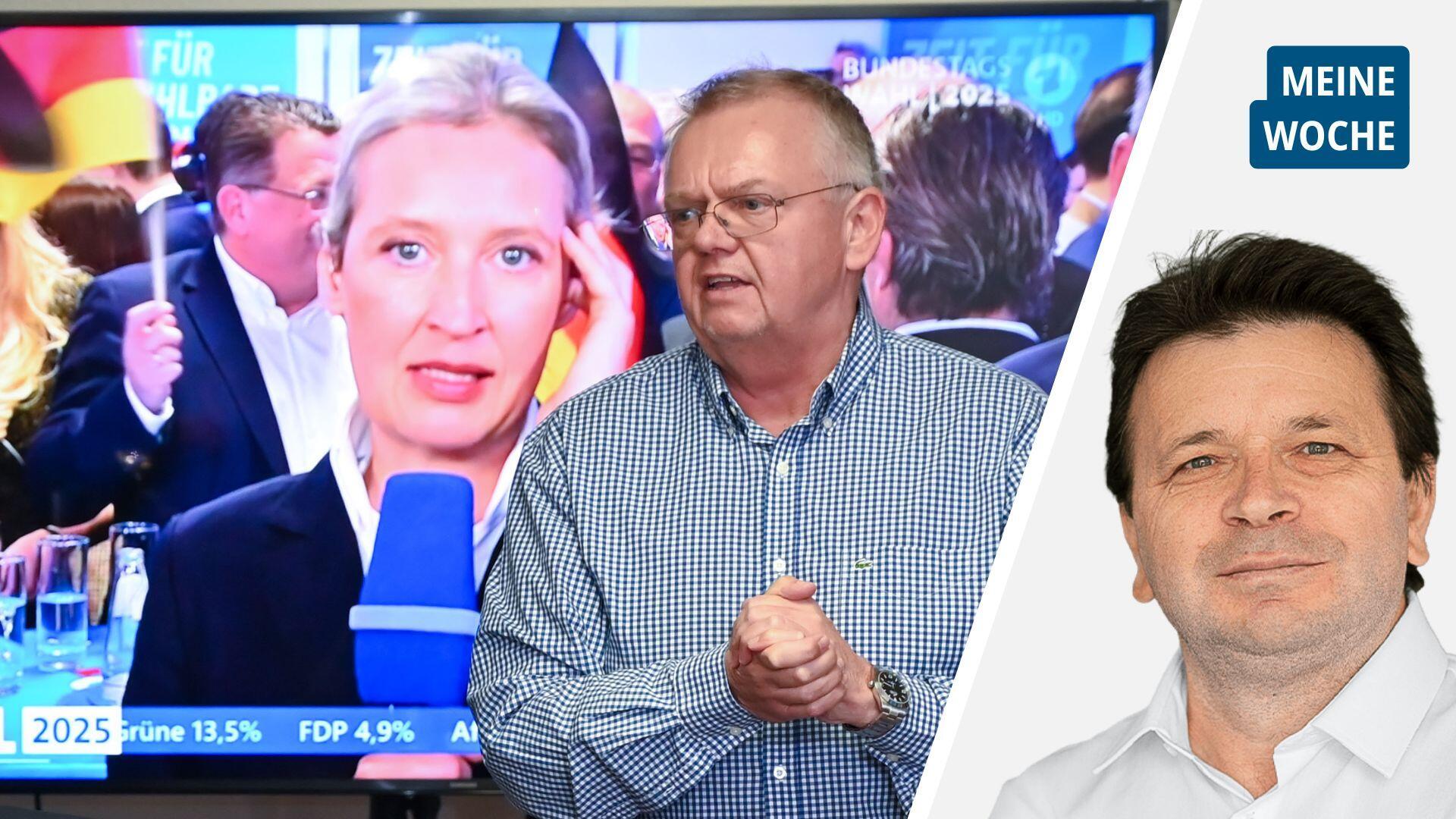 Bürgermeister Torsten Neuhoff (CDU) am Wahlabend vor einem Bildschirm mit Alice Weidel. 