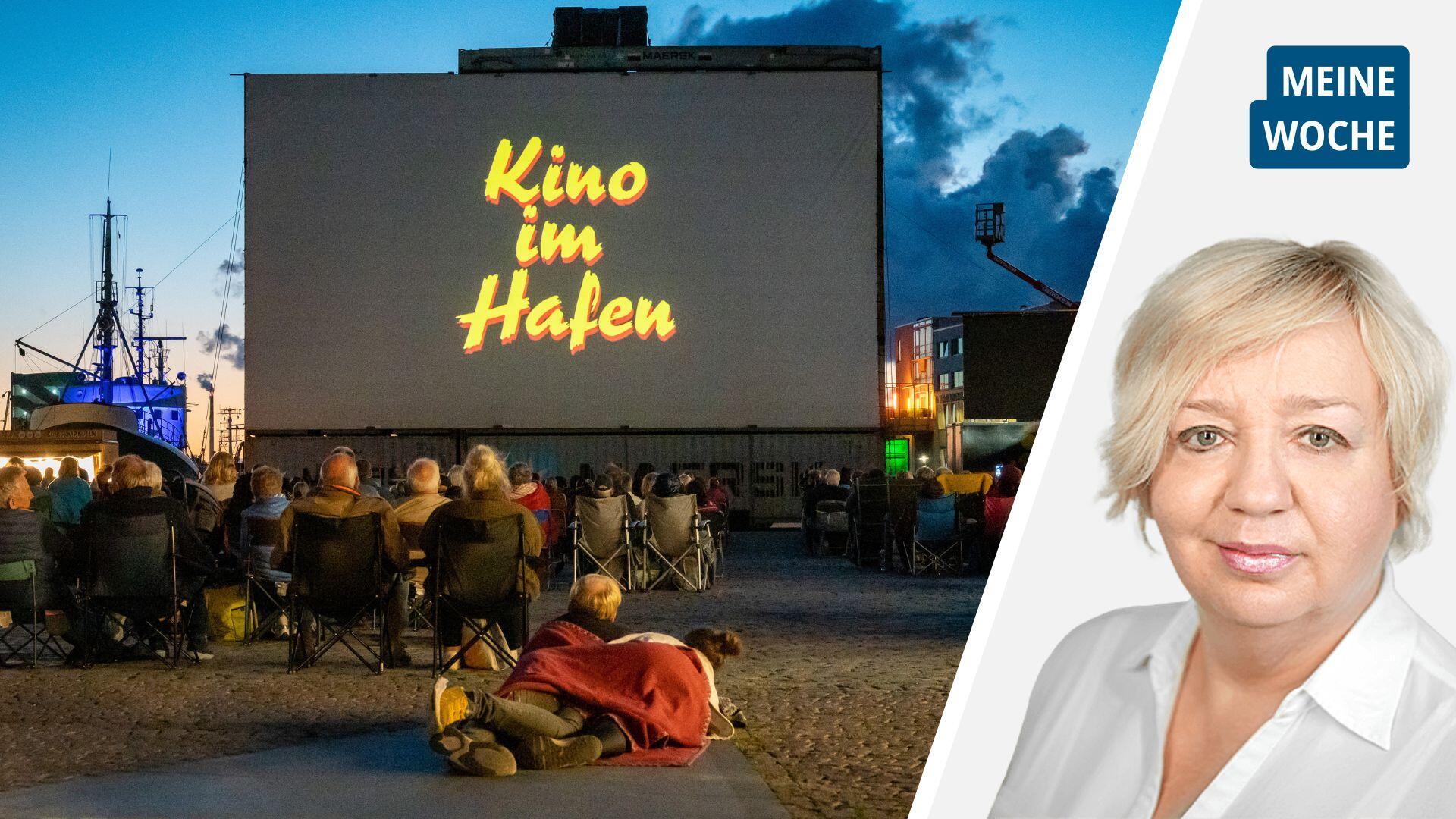 Das Foto zeigt zum einen eine Open-Air-Kinovorstellung, zum anderen das Porträt einer Frau
