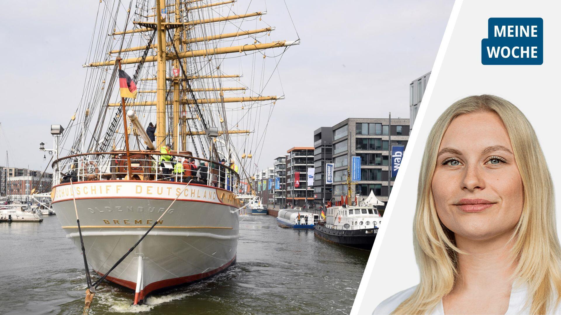 Ein zweigeteiltes Bild. Links die "Schulschiff Deutschland", die an ihren Liegeplatz verholt wird. Rechts im Bild Marie Petersen (junge Frau mit blonden Haaren).