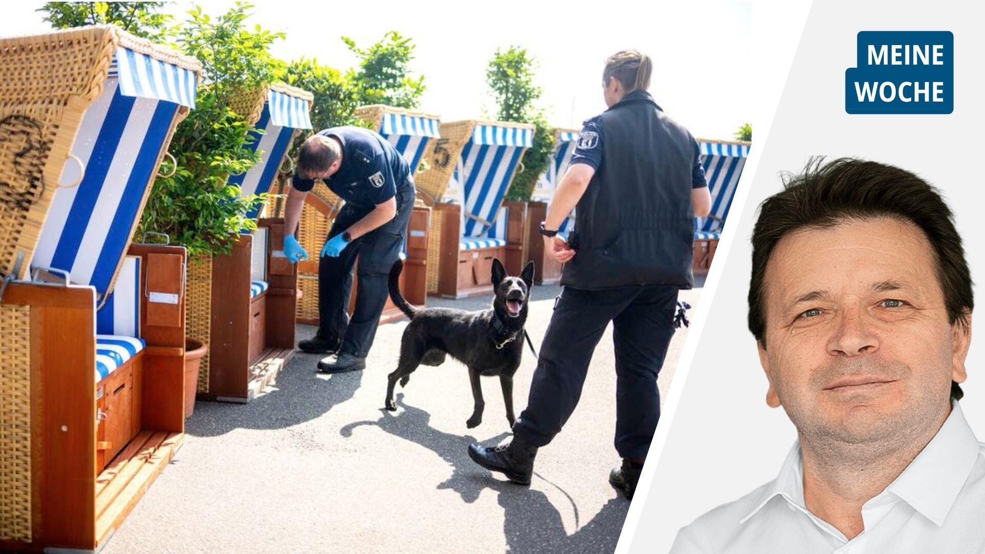 Polizeihunde schnüffeln vor der Innenministerkonferenz in Bremerhaven an Strandkörben