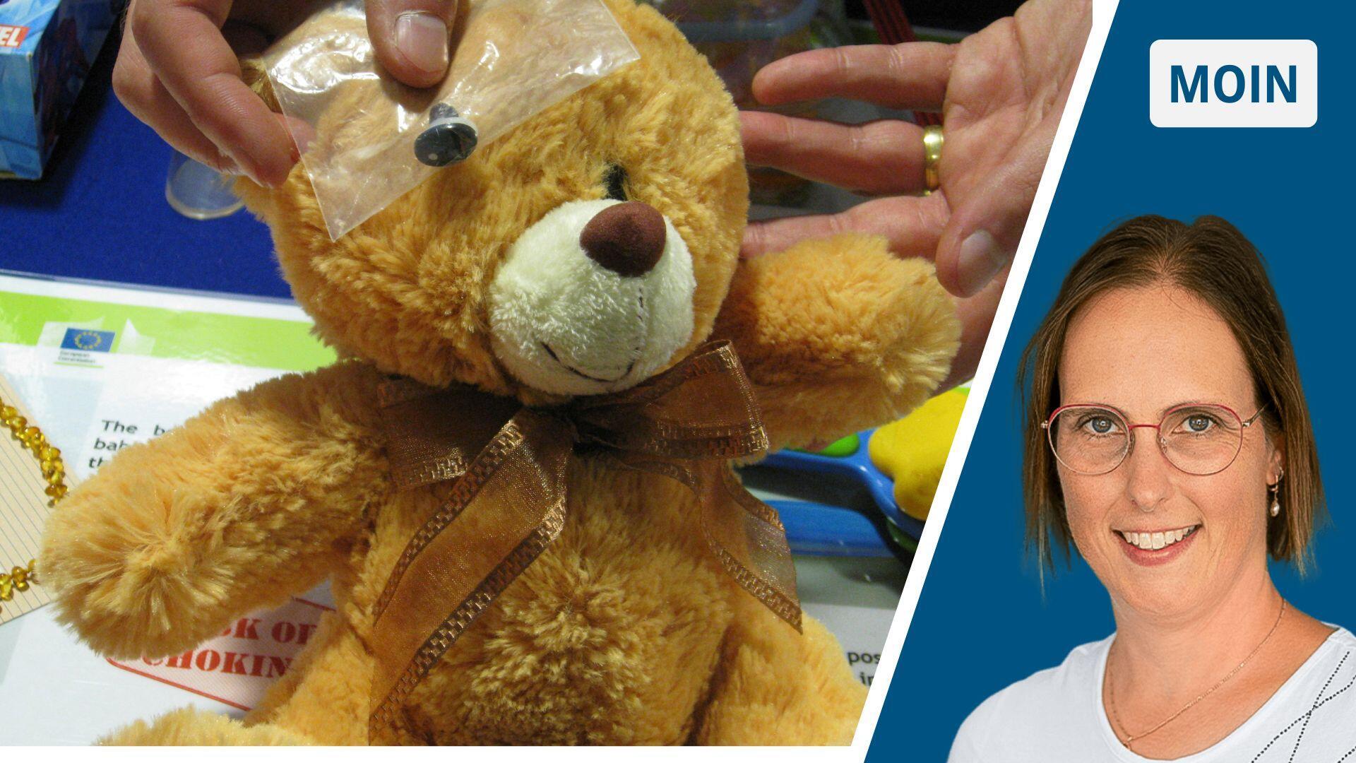 Ein Porträt der Autorin und ein Teddybär, dem ein Auge fehlt.