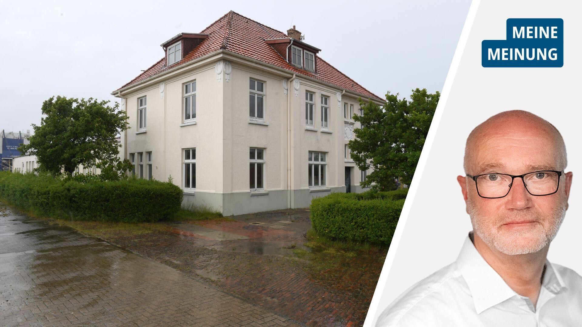 Geteiltes Bild mit Porträt und Gebäude.