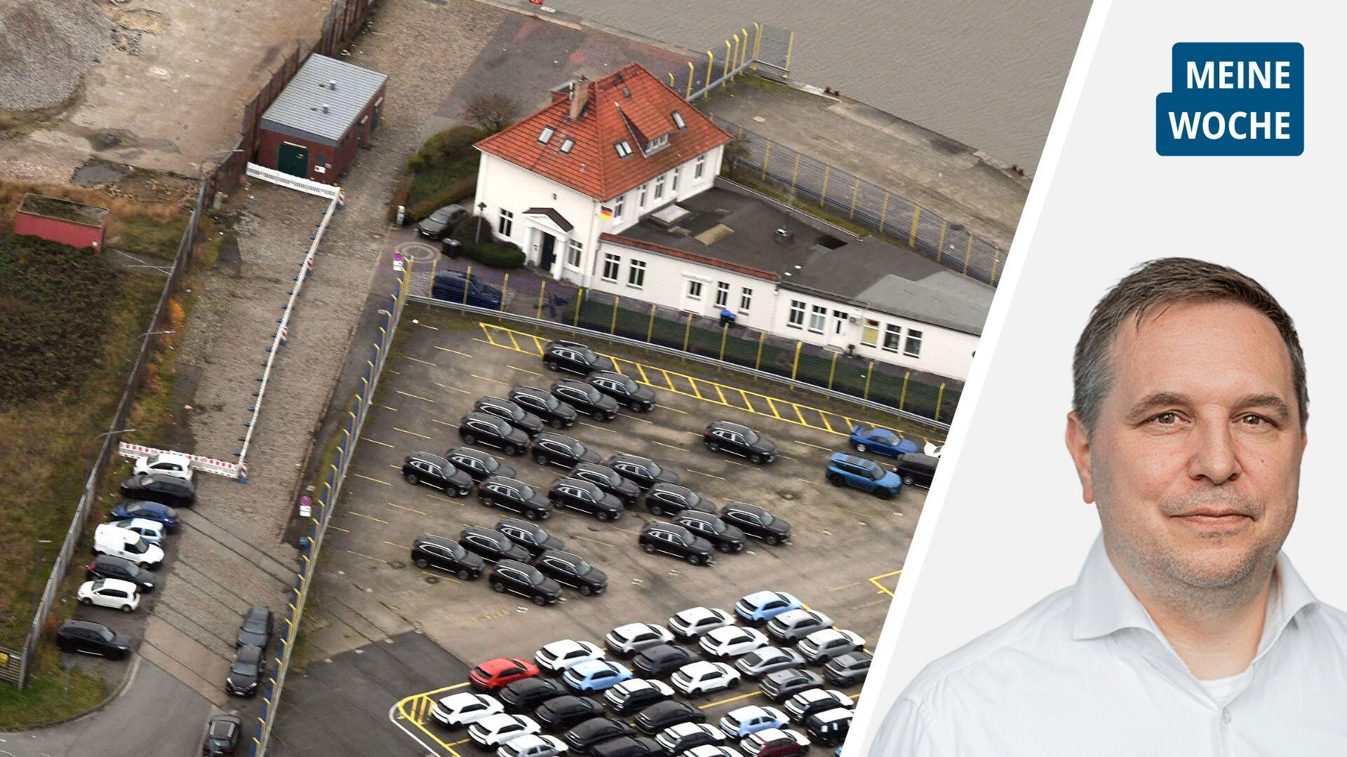 Blick auf das geplante Umschlaggelände und Dirk Bliedtner