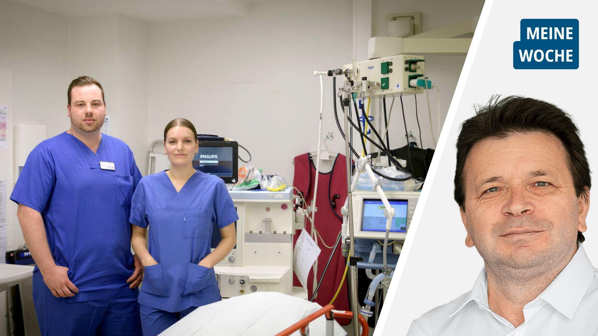 Links: Zwei Pflegekräfte im Krankenhaus. Recht: Ismail Kul.