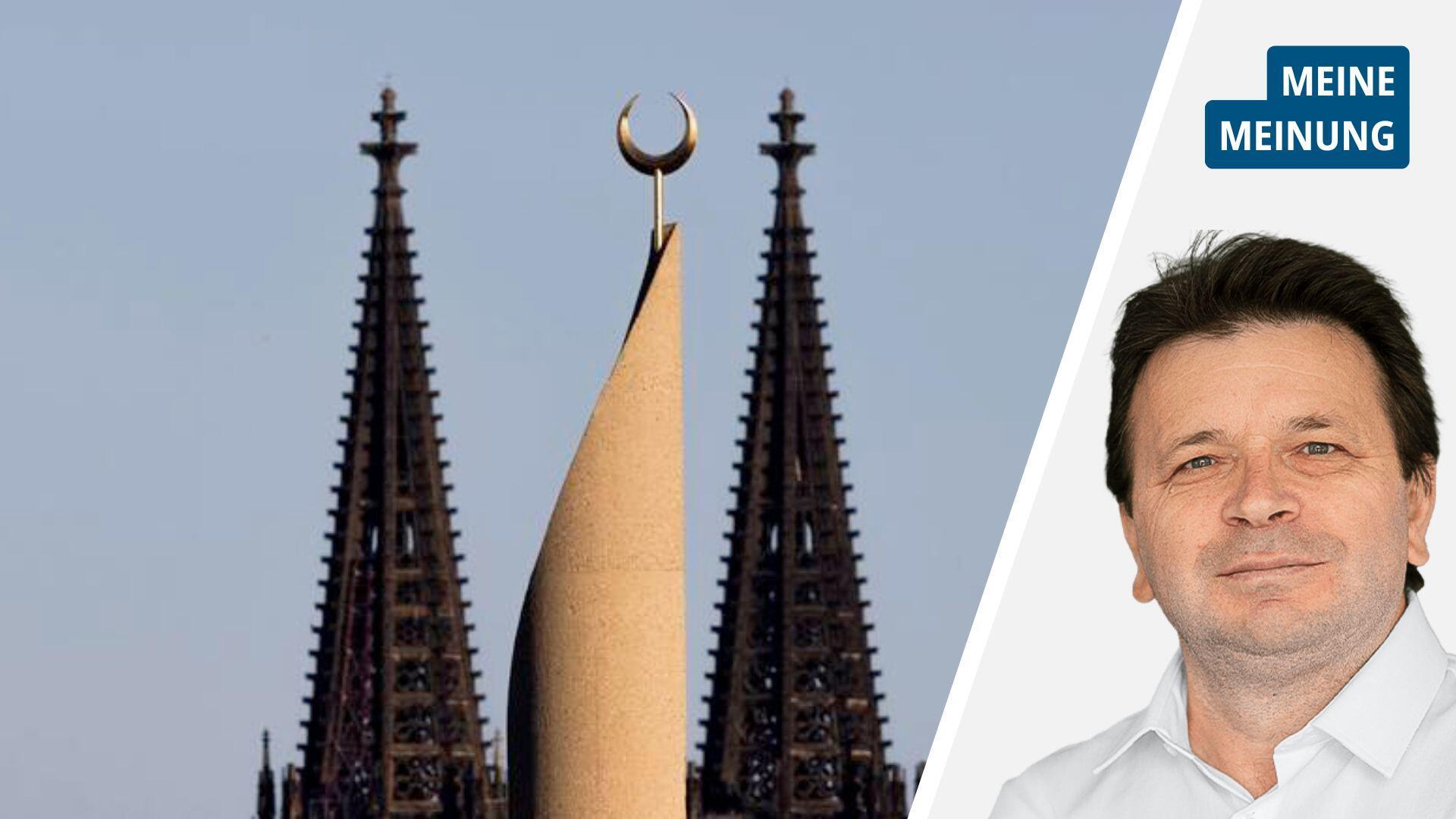 Links: Türme des Kölner Doms und die Spitze eines Minaretts. Rechts: NZ-Reporter Ismail Kul