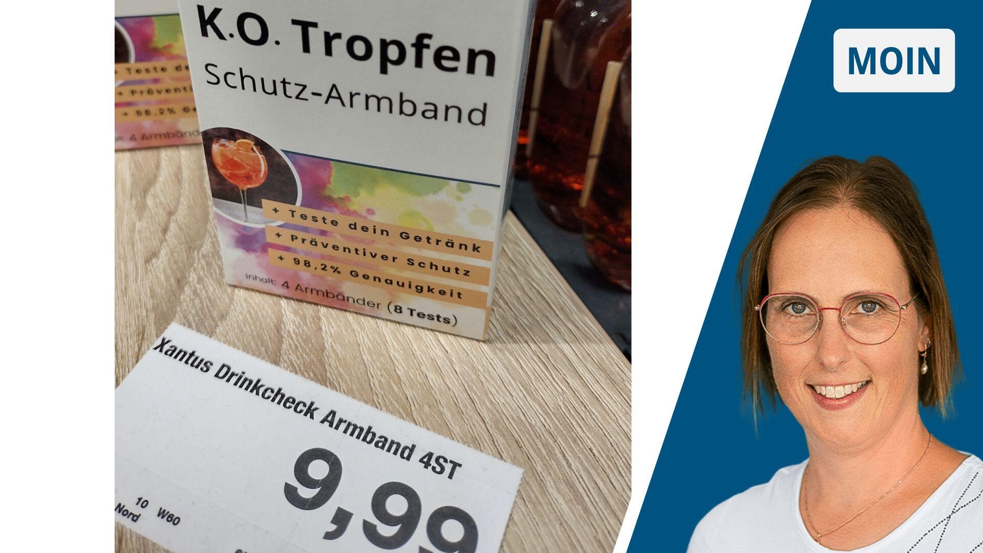 Die Collage zeigt neben dem Porträt der Autorin eine bunte Pappschachtel mit der Aufschrift „K.O. Tropfen Schutz-Armband“.
