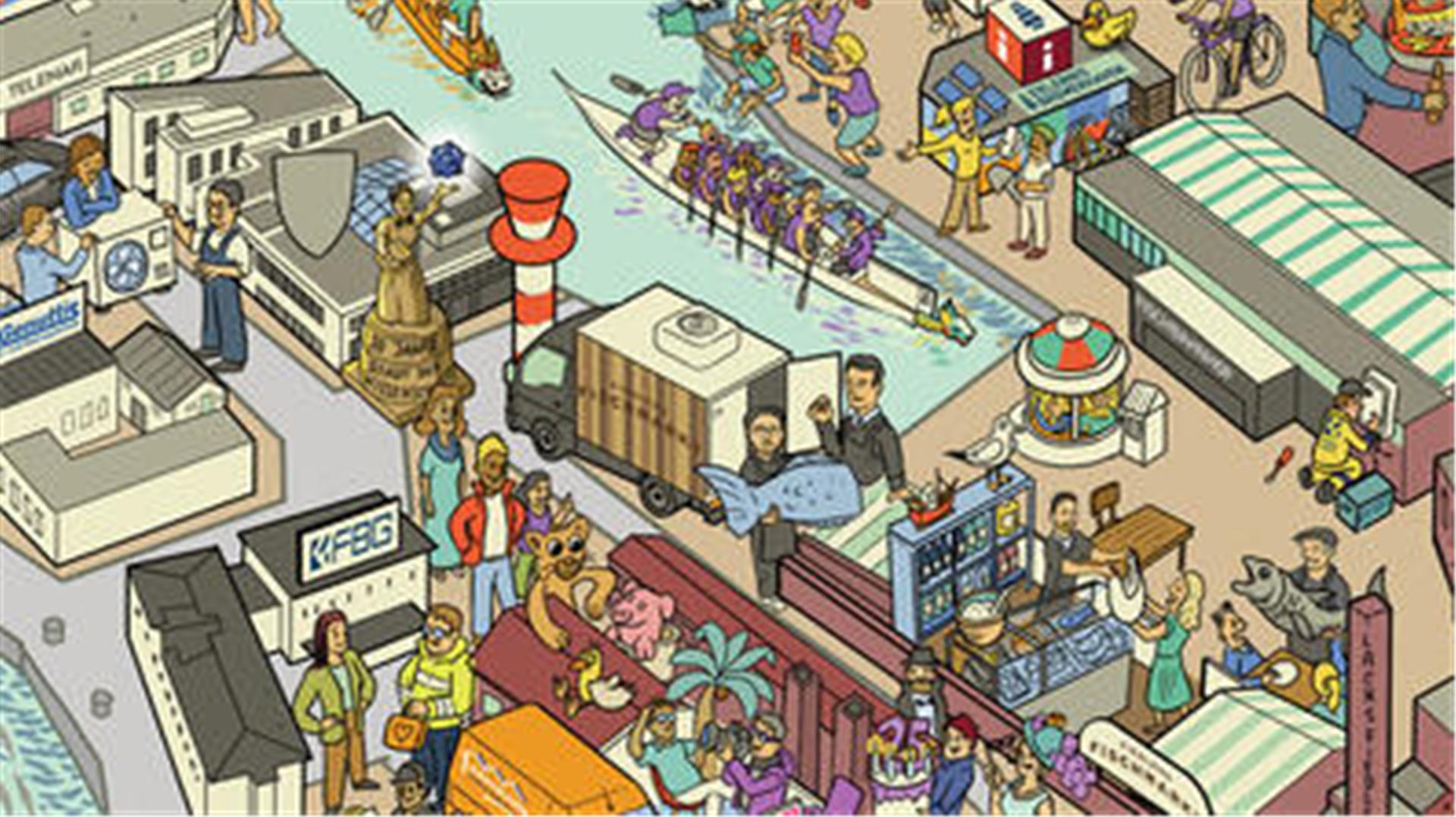 Wimmelbild vom Fischereihafen.