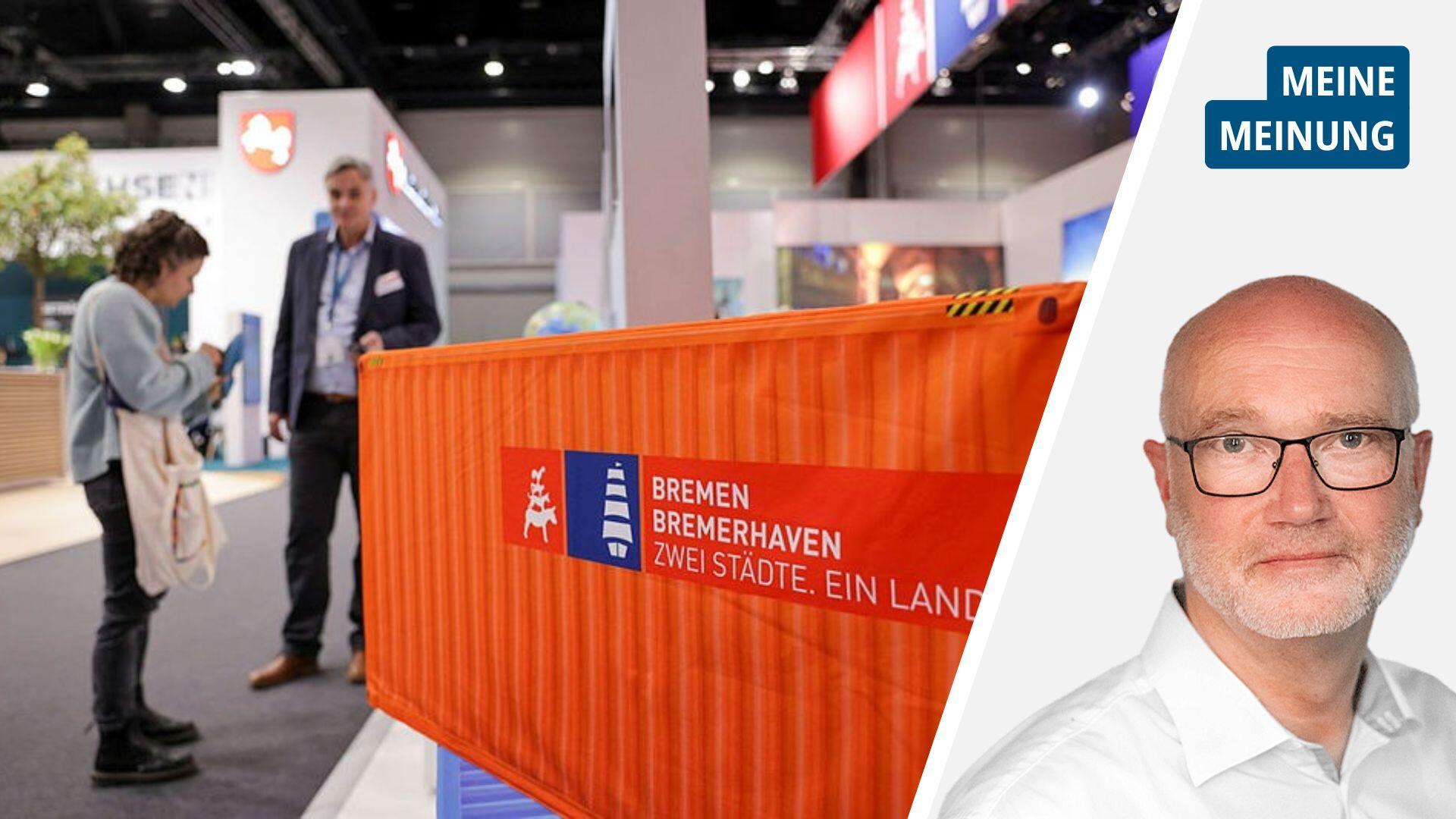 Geteiltes Bild mit ITB-Stand und Kommentator.