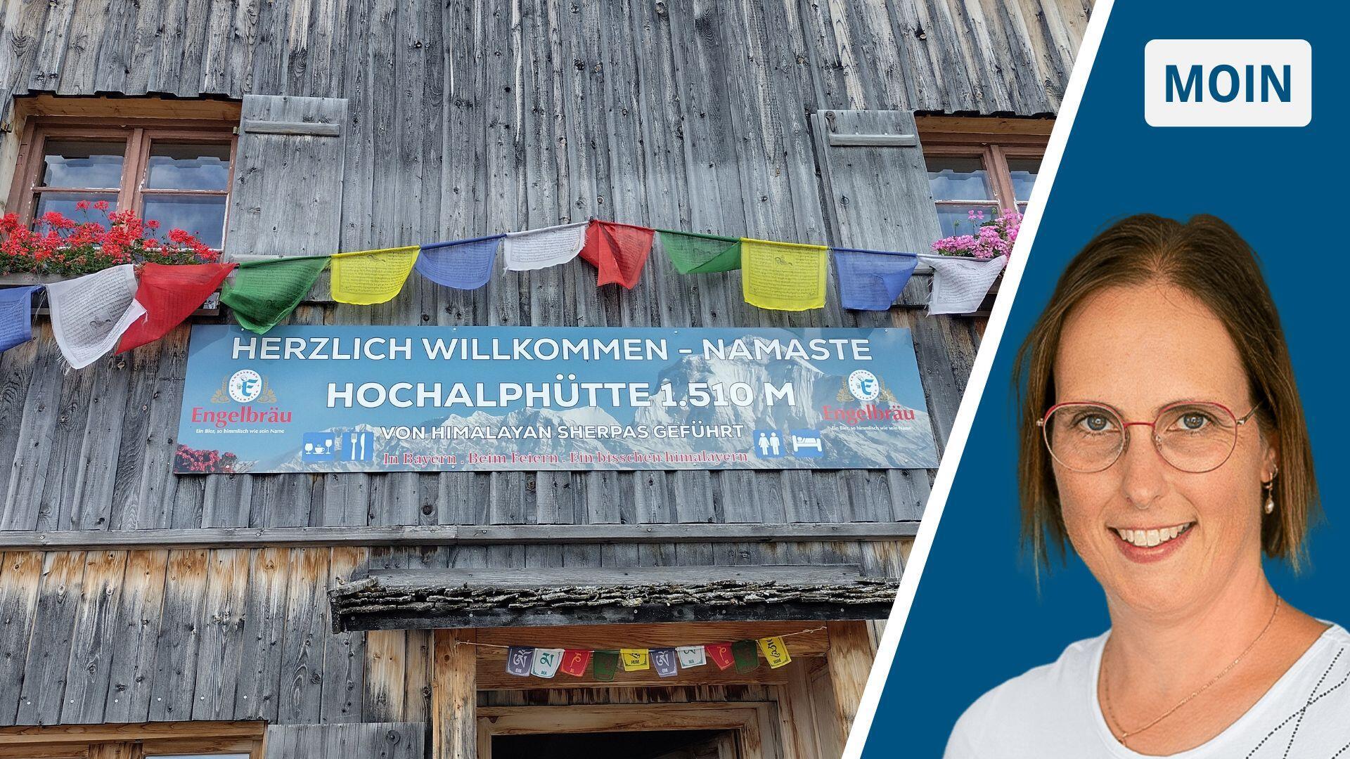 Eine Berghütte in den Alpen begrüßt die Gäste fernöstlich mit buddhistischen Motiven.