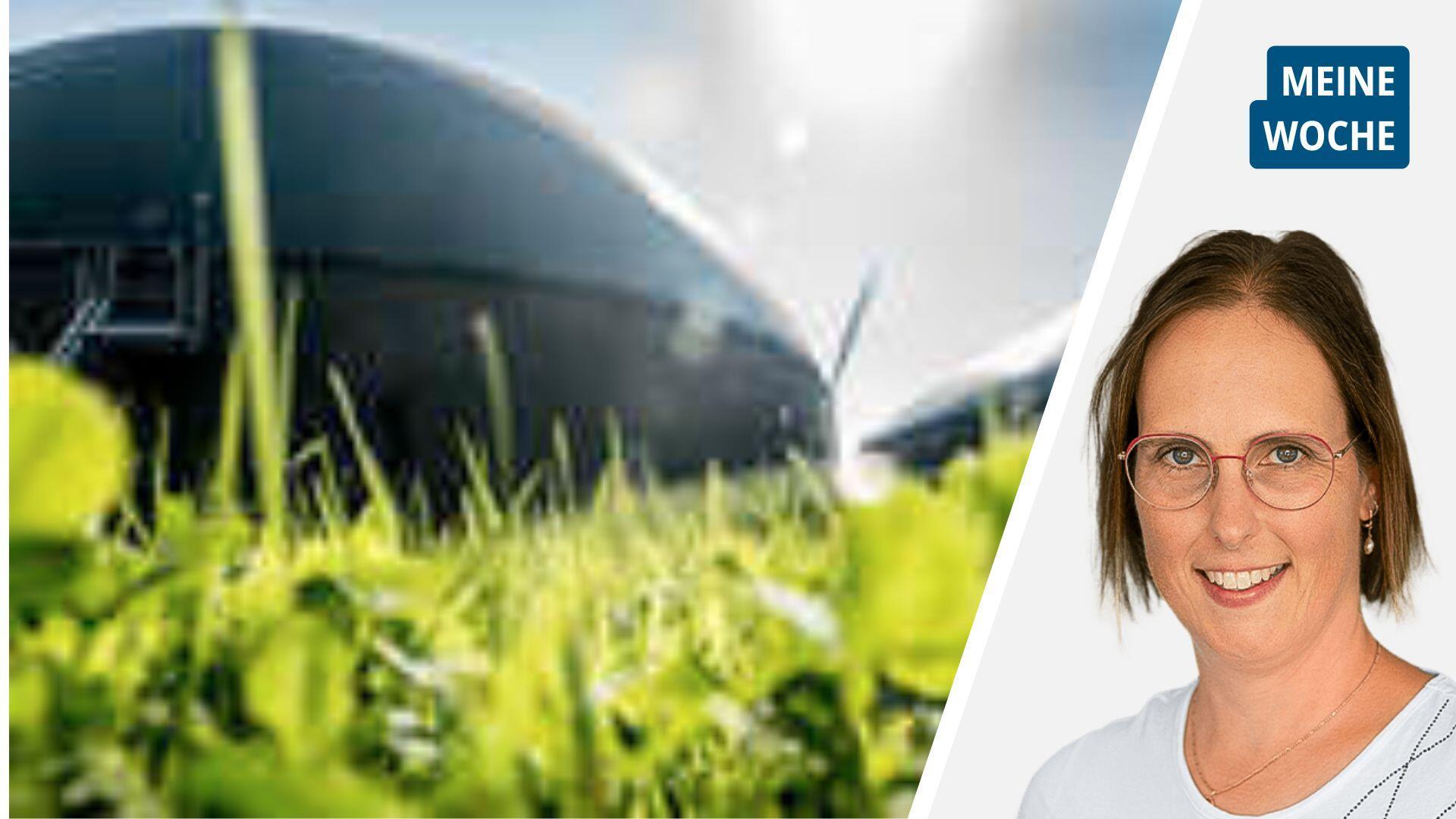 Die Collage zeigt das Porträt der Autorin neben einer Biogasanlage.