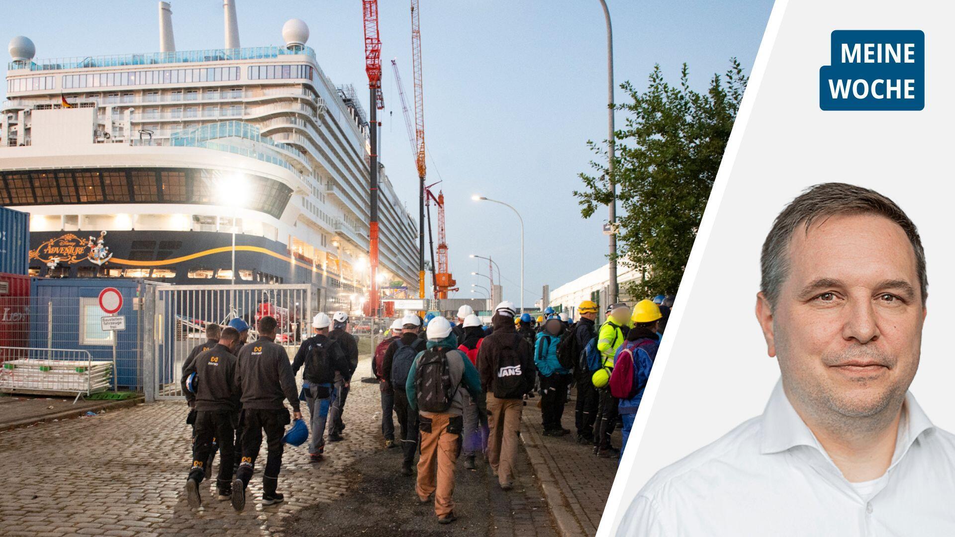 Arbeiter strömen in Bremerhaven zum Kreuzfahrtschiff "Disney Adventure" und Dirk Bliedtner