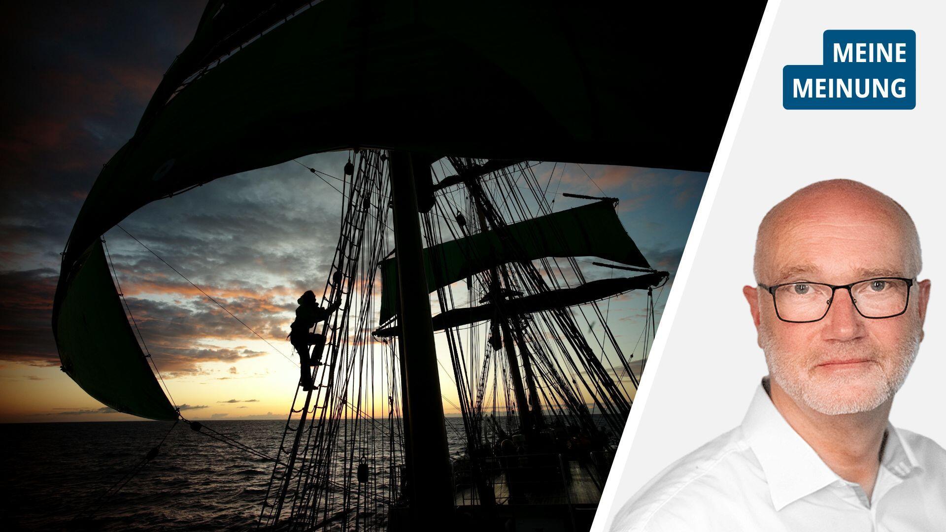 Geteiltes Bild mit Segelschiff und Reporter.