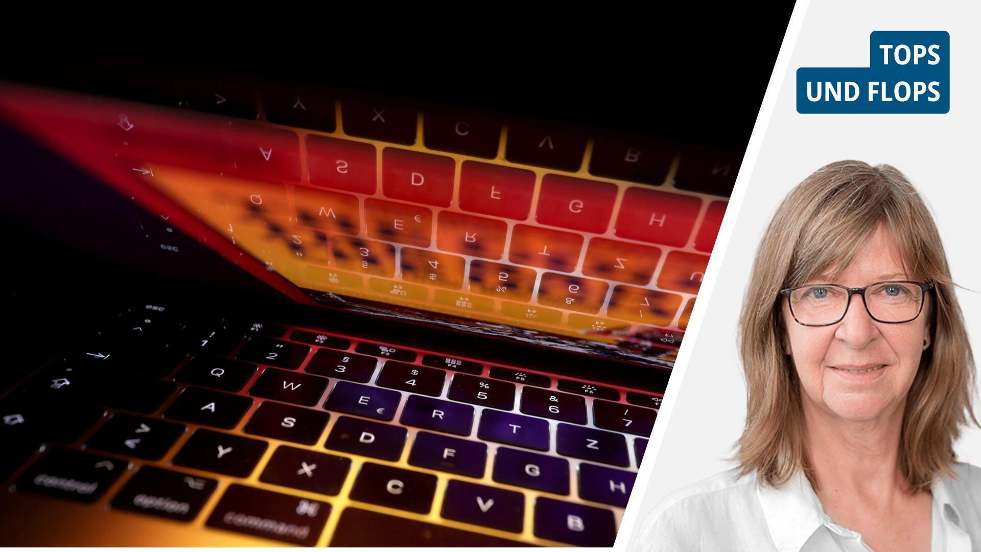 Die Tastatur eines Computers und das Porträt einer blonden Frau mit Brille.
