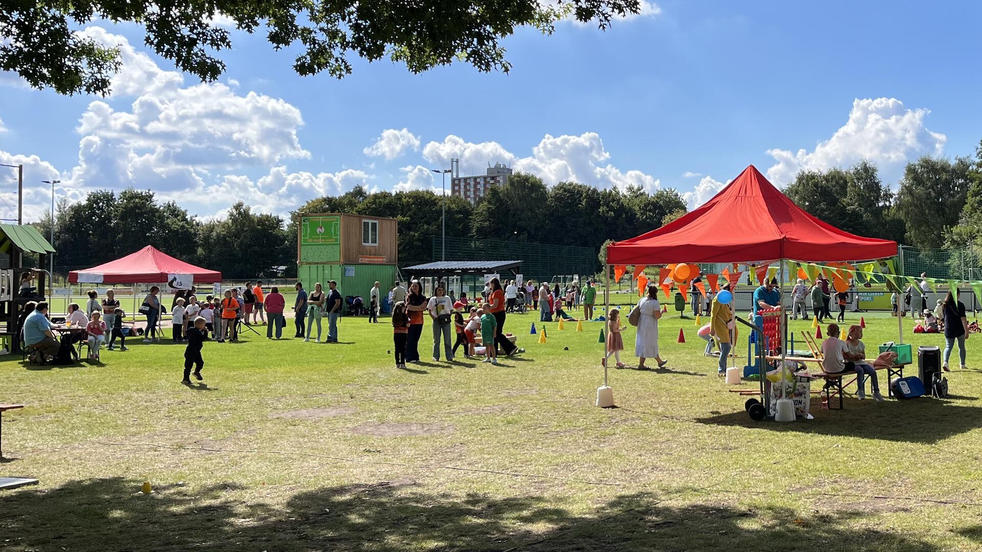Blick auf den Sportplatz mit den Sportfestteilnehmern