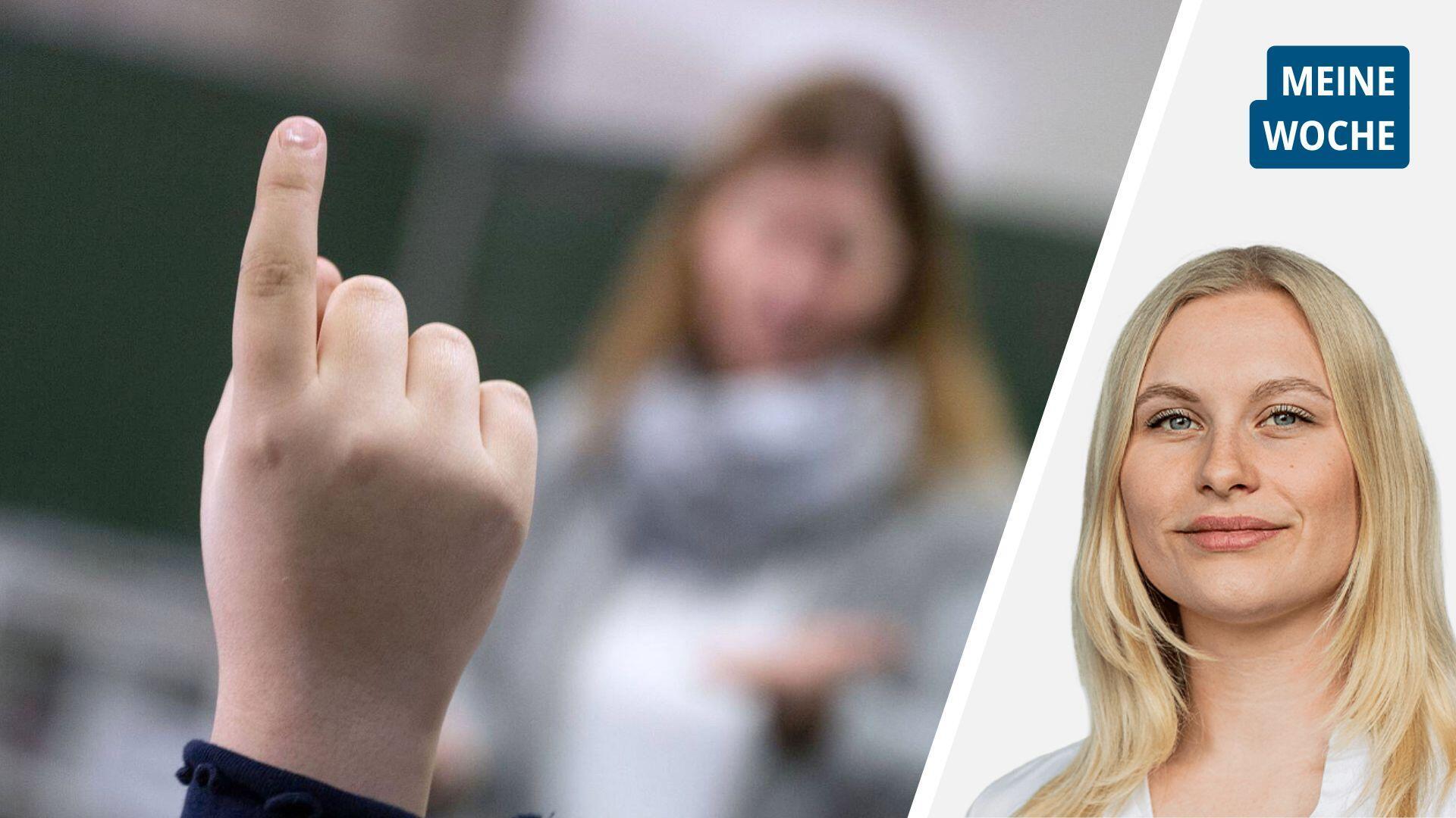 Meine Woche: Hochs und Tiefs der Schulen und Neustart der Blattlaus Zweigeteiltes Bild; links eine Kinderhand, die sich meldet; rechts junge Frau mit blonden Haaren.