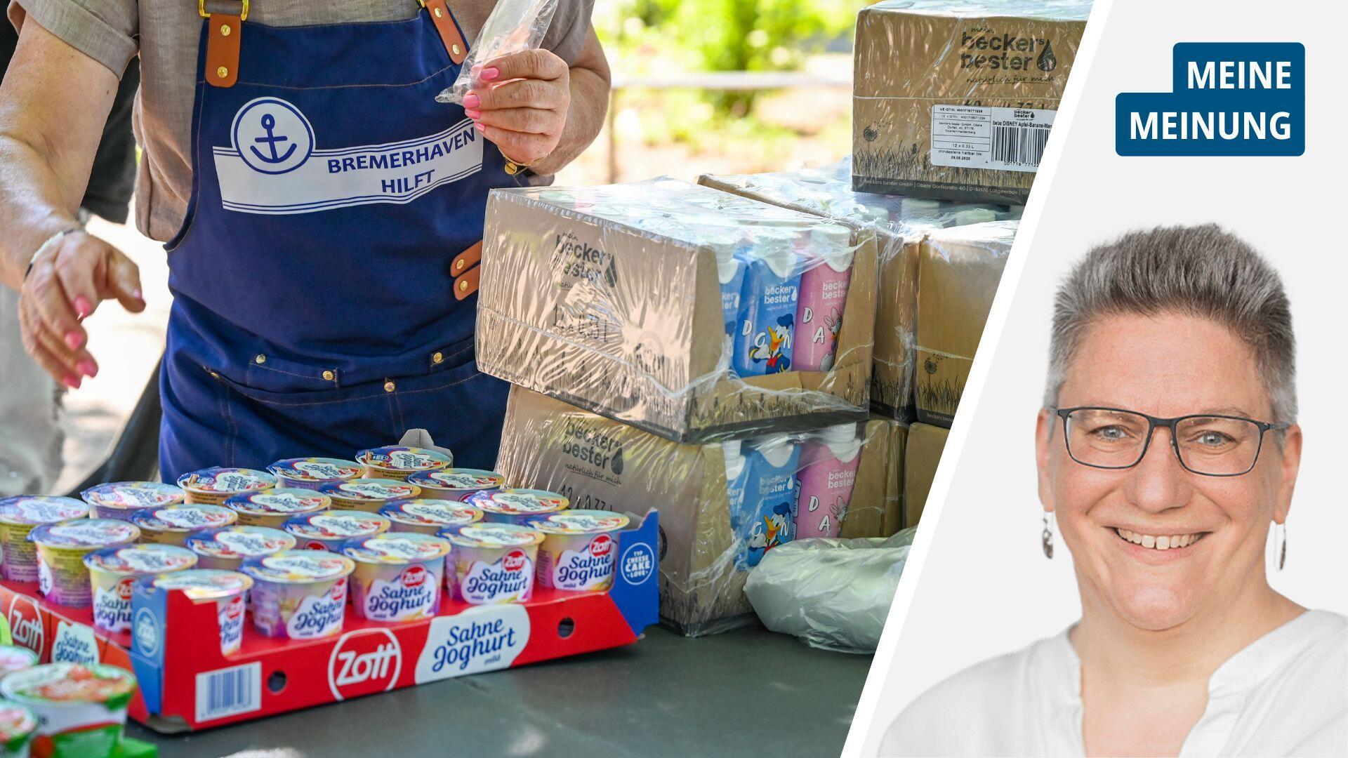 Zweigeteiltes Bild: links Joghurt und Wasser auf einem Tisch, dahinter eine Person mit einer Schürze, auf der steht "Bremerhaven hilft"; rechts Frau in weißer Bluse mit Brille