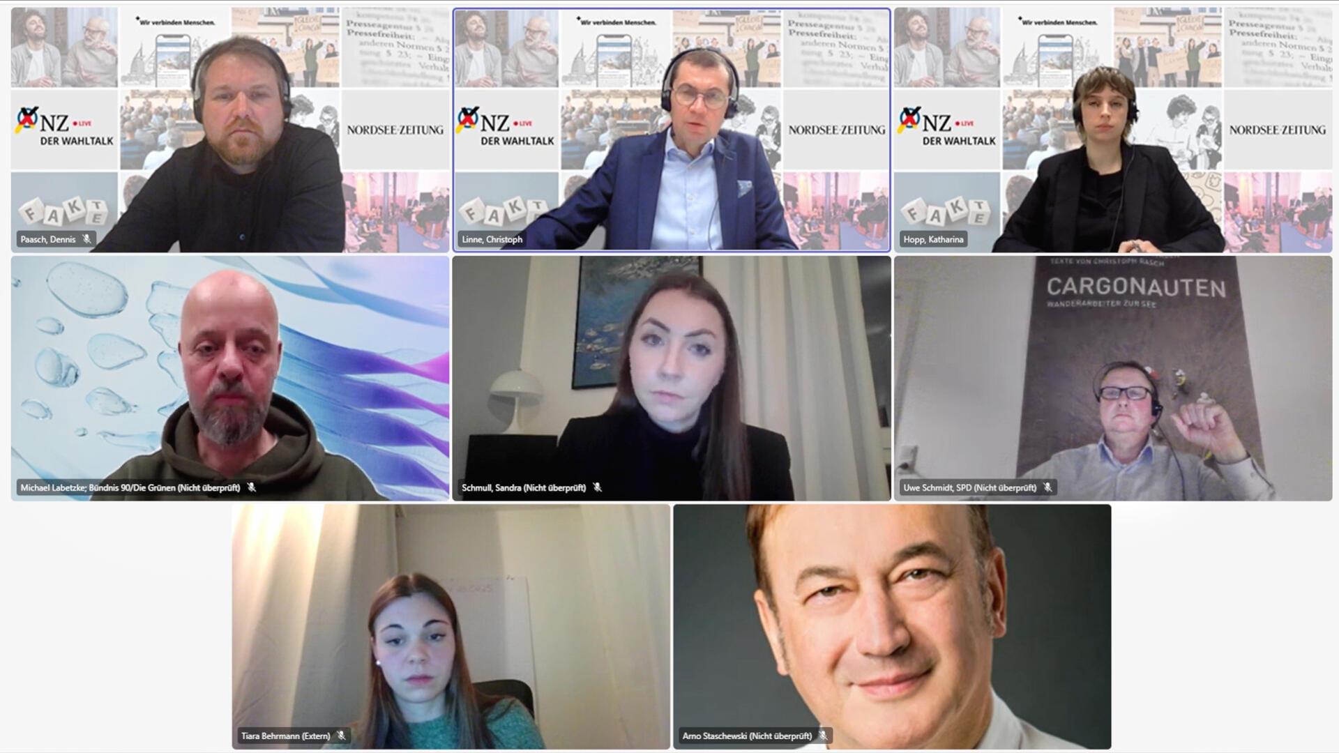 Chefredakteur Christoph Linne moderiert mit Dennis Paasch und Katharina Hopp den Wahltalk mit (mittlere Reihe von links) Michael Labetzke (Grüne), Sandra Schmull (CDU) und Uwe Schmidt (SPD), (untere Reihe) Tiara Behrmann (FDP) und Arno Staschewski (AfD).