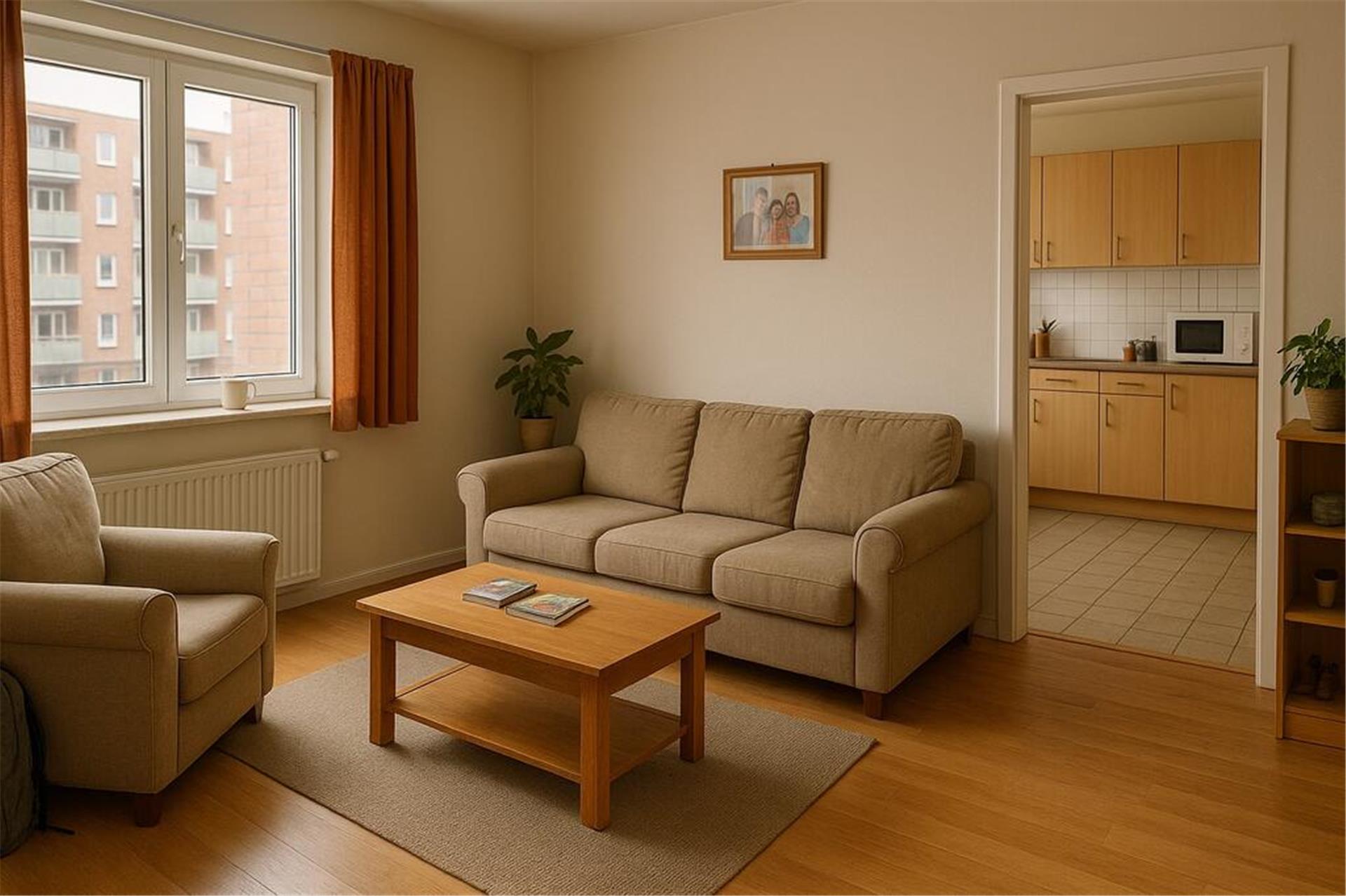 Bremerhaven in Bildern: So sieht ChatGPT die Stadt Das KI-Bild zeigt eine schlichte Wohnung in einem Mehrfamilienhaus in Bremerhaven.