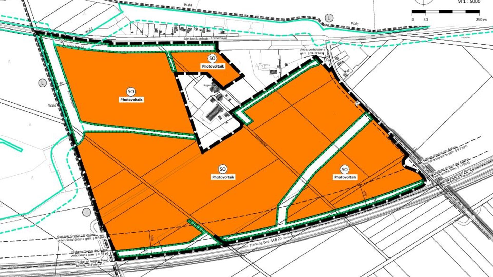 Das Plangebiet für den Solarpark „Oereler Heide“ im Ortsteil Oerel-Bahnhof ist rund 69 Hektar groß. Am unteren Rand ist bereits die A20 eingezeichnet. Ob die Autobahn genau dort gebaut wird, steht allerdings noch nicht fest.