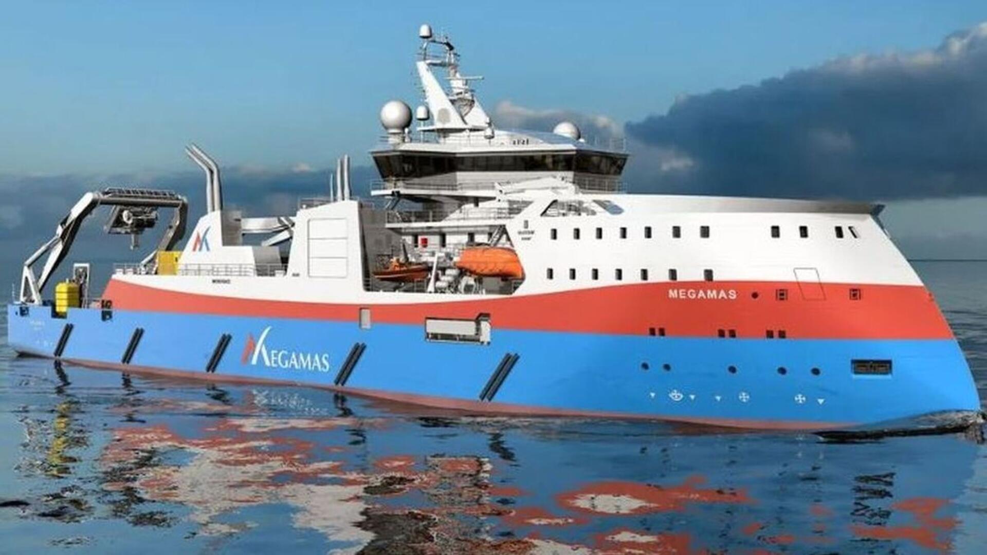 Rendering eines modernen Kabelverlegeschiffs in den Farben Blau, Weiß und Rot mit dem Schriftzug „MEGAMAS“ auf dem Rumpf. Das Spezialschiff ist mit technischen Anlagen und Kränen für Offshore-Arbeiten ausgestattet und liegt auf ruhigem Wasser vor bewölktem Himmel.
