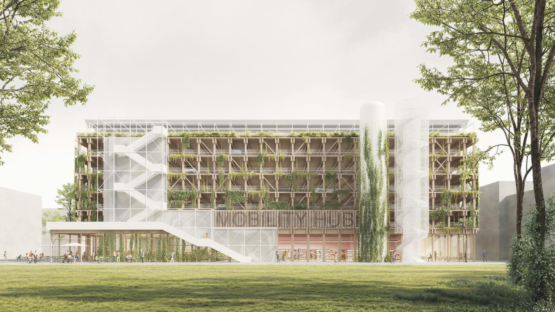 Visualisierung des geplanten Mobility Hubs im Werftquartier Bremerhaven: sechsgeschossiges, offenes Holzgebäude mit begrünten Fassaden, Außentreppen, vertikalem Grün, Solaranlagen auf dem Dach und öffentlichem Raum im Erdgeschoss.
