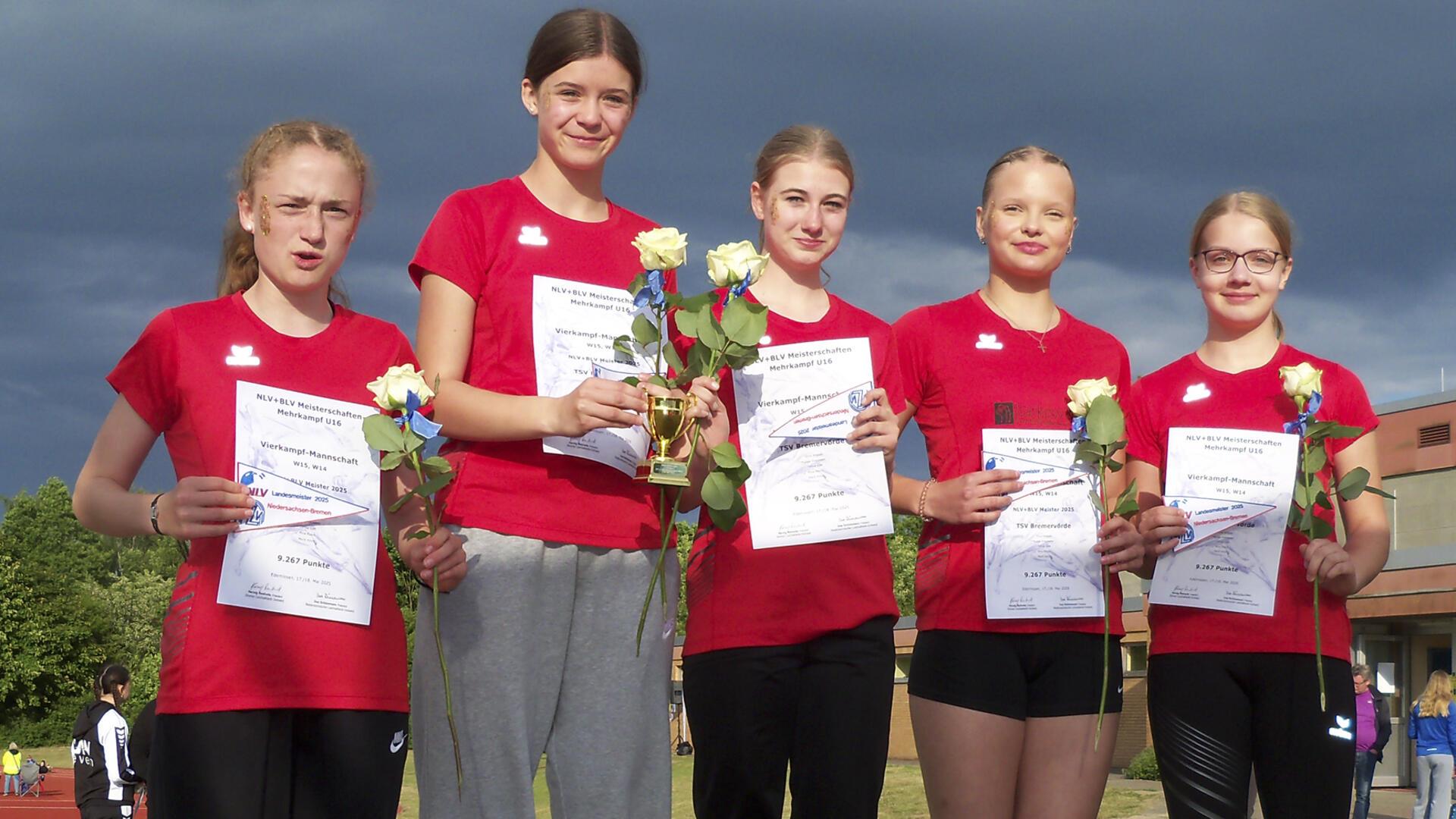 Das Vierkampf-Team des TSV Bremervörde als frisch gebackene Landesmeisterinnen: (von links) Lahja Diekmann, Mina Kosch, Tamia Kett, Stine Wittich und Marit Hinck. 