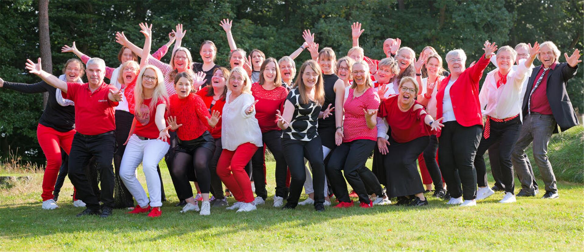Gruppenfoto eines Chors mit vielen Menschen. Der Chor Chorious lädt am 28. September zu seinem Jahreskonzert in den Lucia-Schäfer-Saal in Rotenburg ein.