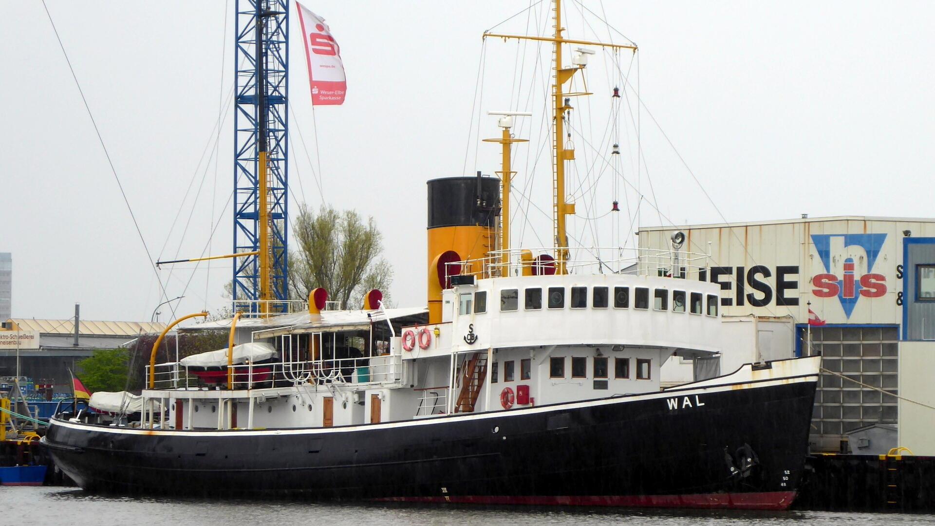 Der historische Dampfeisbrecher „Wal“ liegt im Hafen vor einer Werftanlage. Das Schiff ist schwarz-weiß mit einem markanten gelb-schwarzen Schornstein. Rettungsringe hängen an der Reling, und im Hintergrund sind Kräne sowie industrielle Gebäude mit Werbeaufschriften zu sehen.