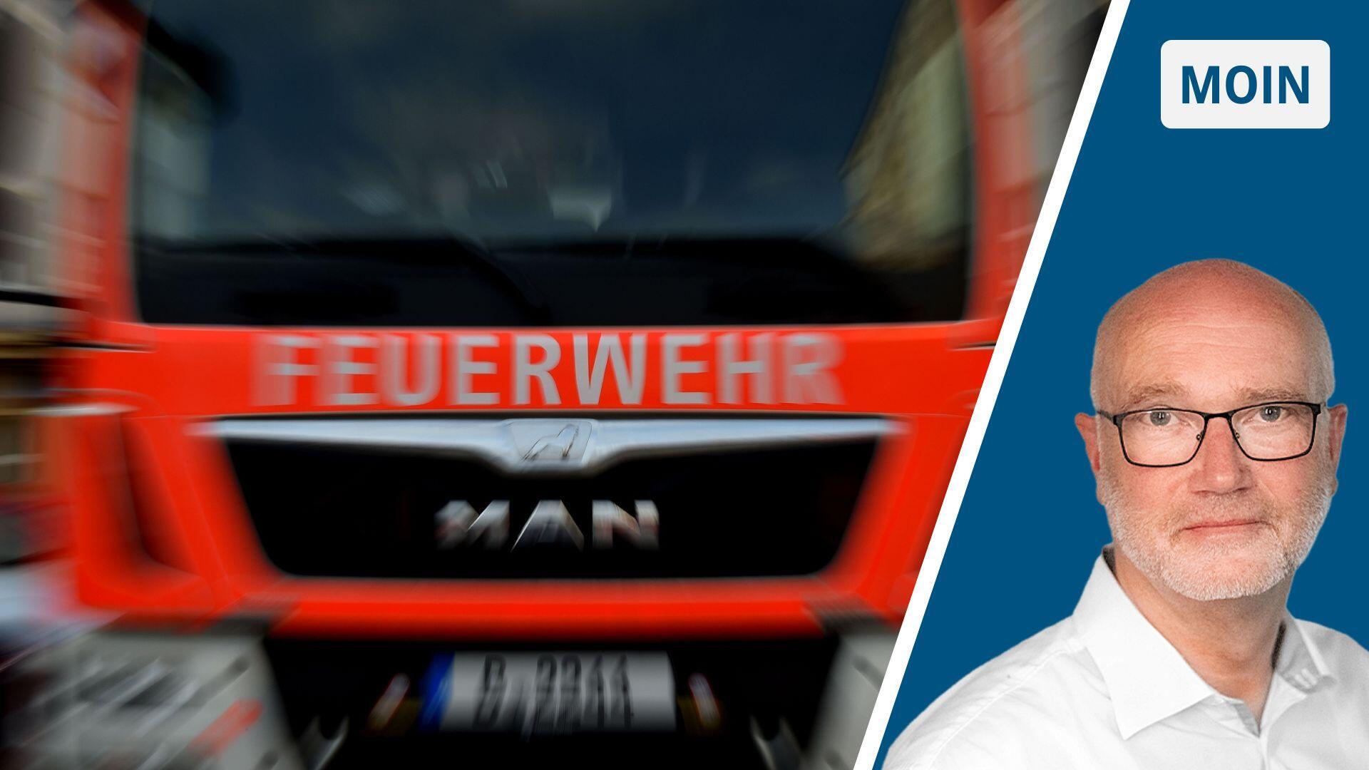 Geteiltes Bild mit Feuerwehrauto und Reporter. 