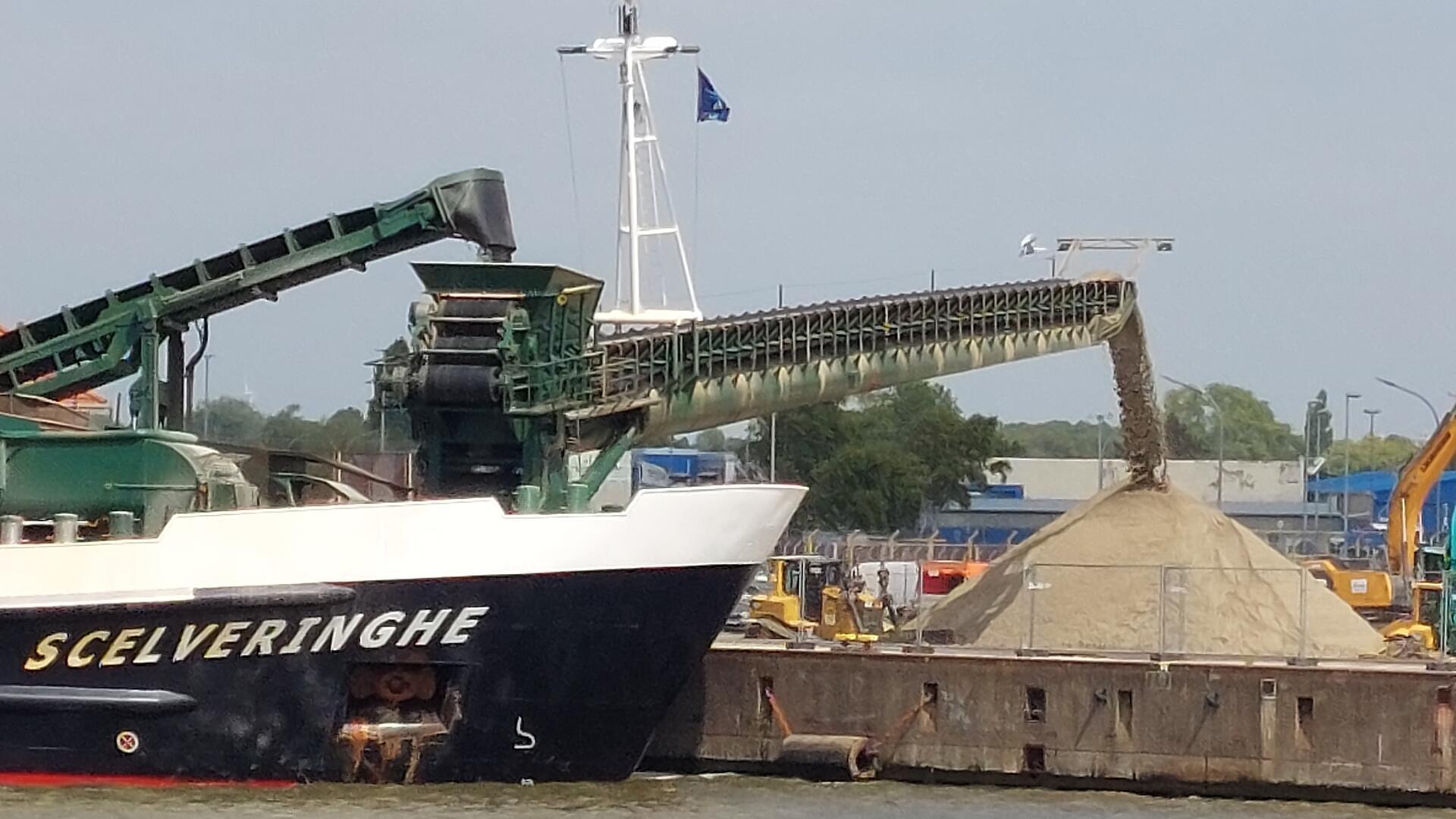 Ein Spezialschiff mit der Aufschrift „Scelveringhe“ entlädt über ein Förderband gewaschenen Sand direkt auf einen Kai in Bremerhaven; im Hintergrund Baumaschinen und Lagerfläche.