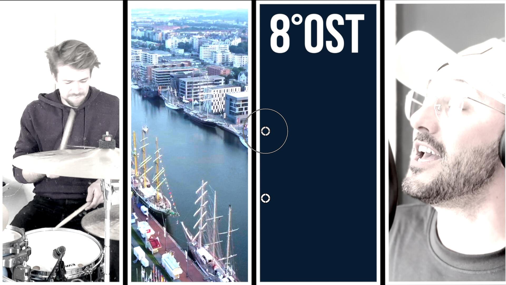 Collage aus mehreren Bildern: Schlagzeugspieler, Luftbild von Hafen, Schriftzug, Sänger