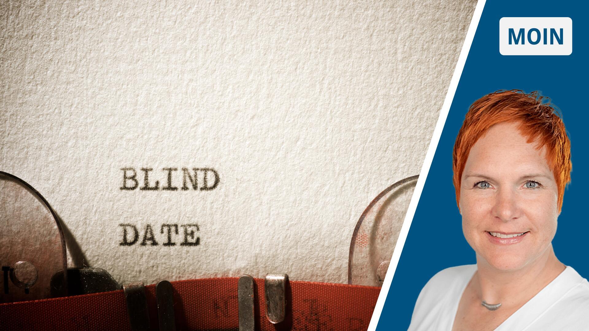 Geteiltes Bild: Blick auf eine Schreibmaschine, die das Wort Blind Date schreibt. Porträt der Autorin.