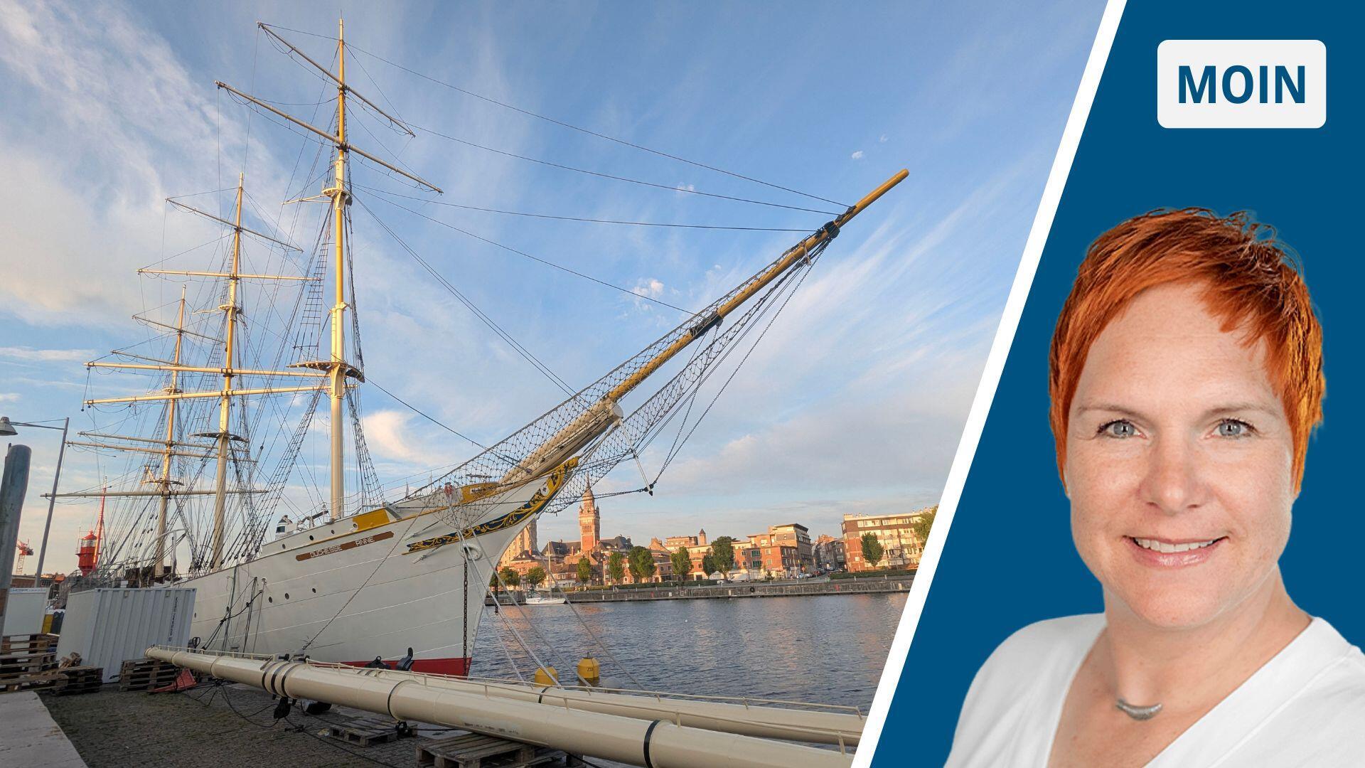 Geteiltes Bild: Blick auf ein Segelschiff und Autorin des Textes, Frau mit roten Haaren