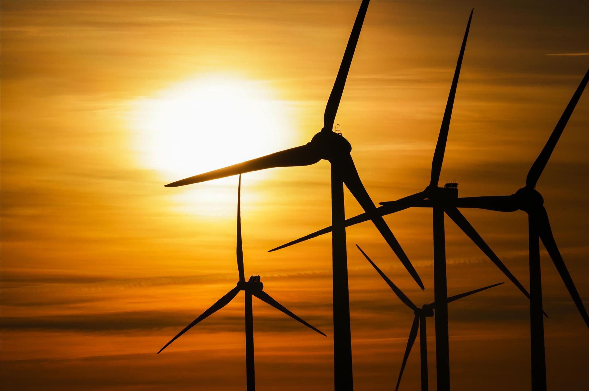 Die Sonne geht hinter einem Windpark unter.