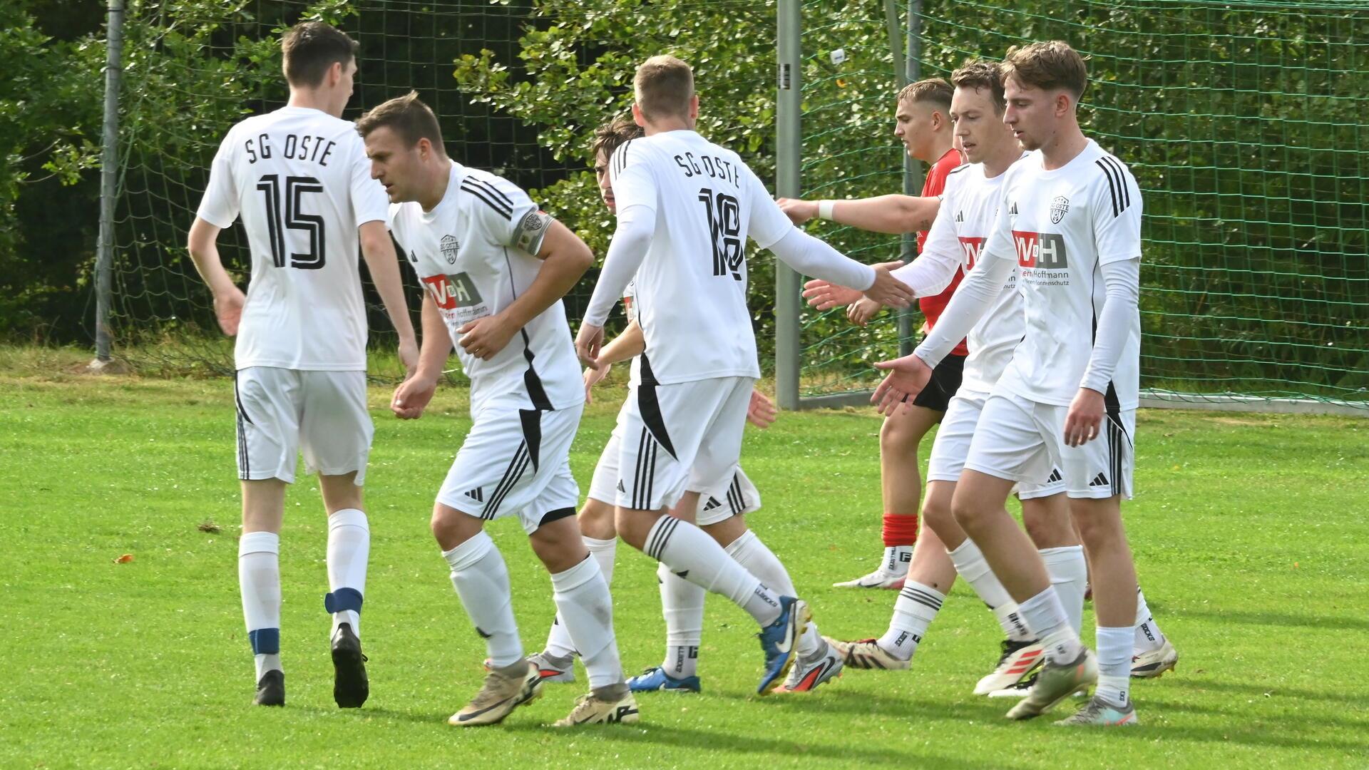 Die Kicker der SG Oste feiern den 1:0-Torschützen Daniel Göhler (Zweiter von rechts).